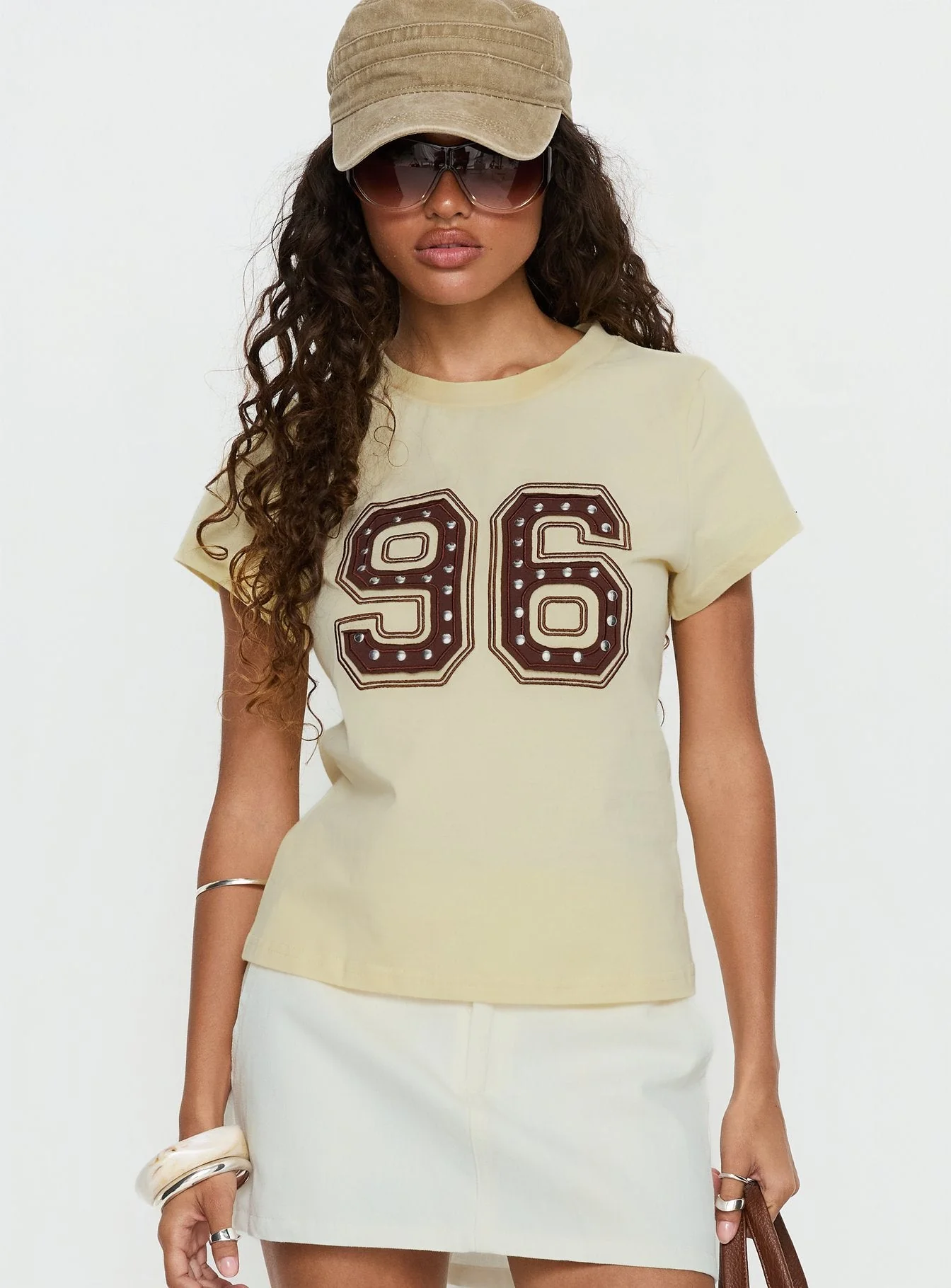 96 Charm Studded Graphic Baby Tee Yellow - Image 2