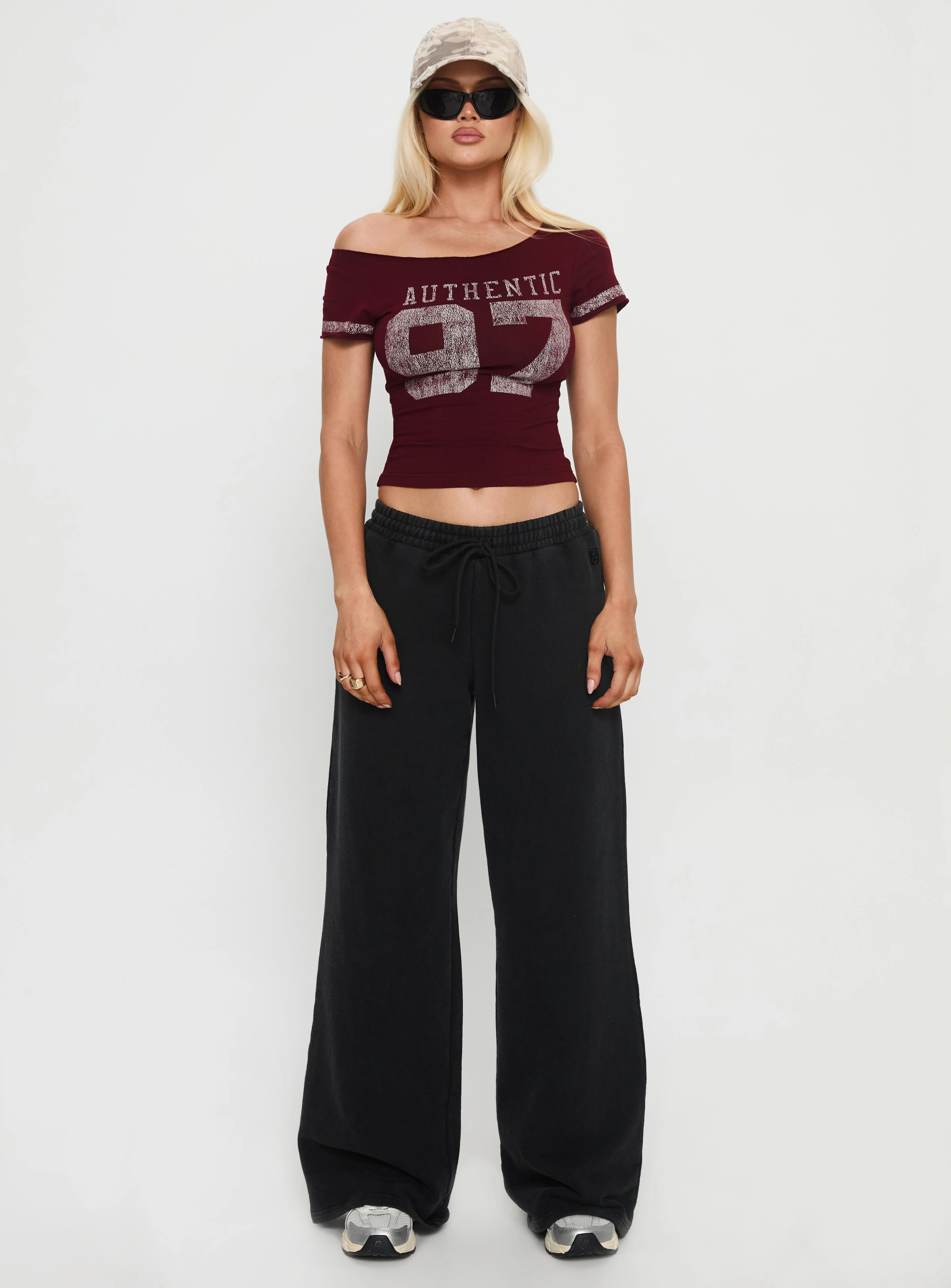 97 Authentic Off Shoulder Graphic Top Maroon - Image 7