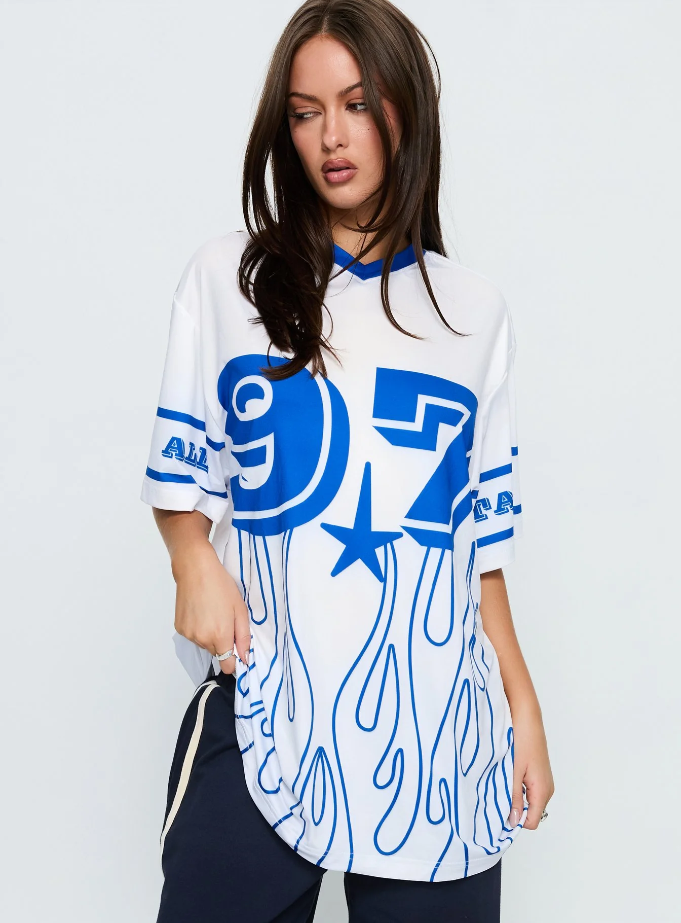97 Sportstar Oversized Jersey Graphic Top White / Blue - Image 2