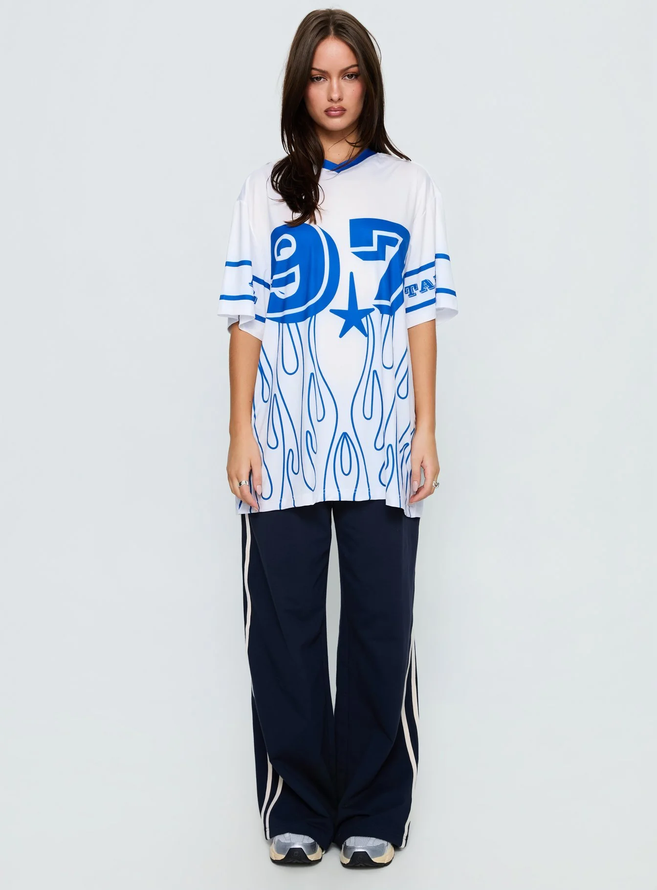 97 Sportstar Oversized Jersey Graphic Top White / Blue - Image 7