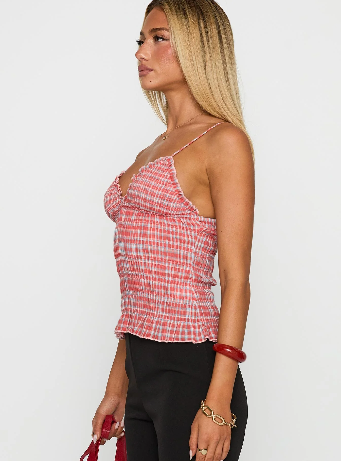 A Girl So Pretty Ruched Top Red Gingham - Image 4