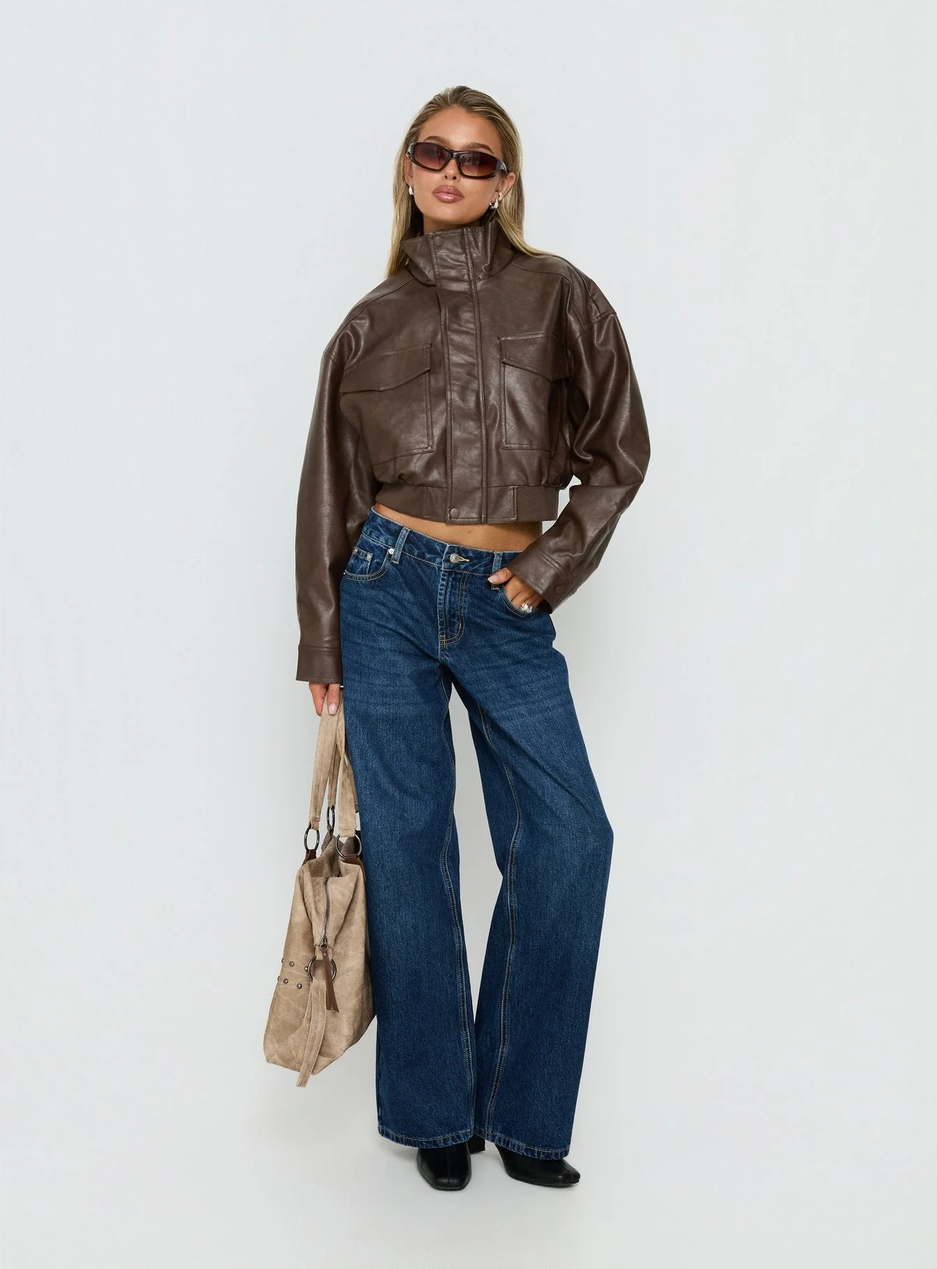 Ace Player Funnel Neck Faux Leather Jacket Brown - Image 3