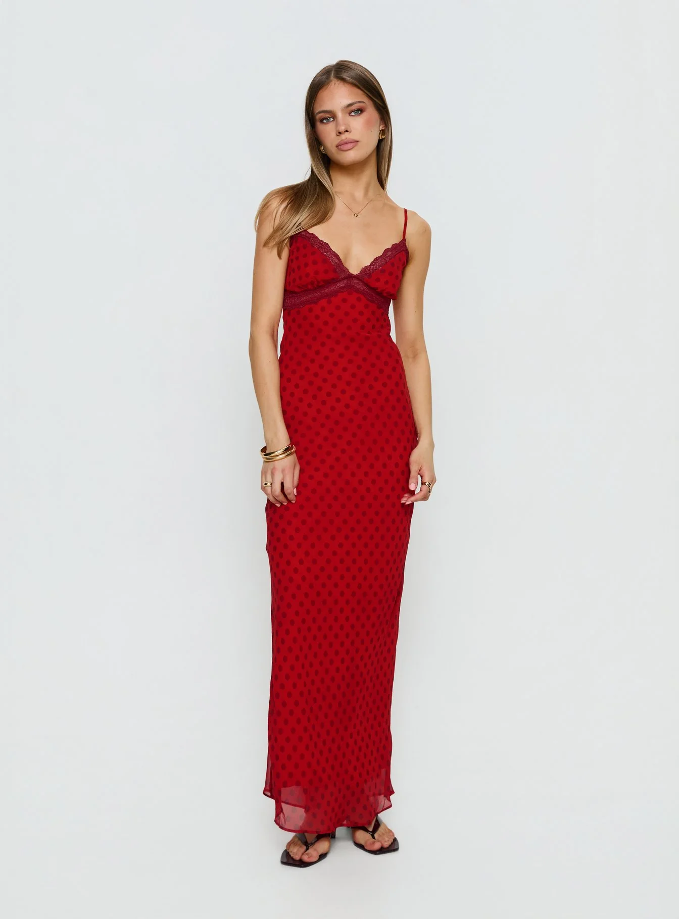 Adasia Lace V Neck Maxi Dress Red Polka Dot - Image 2
