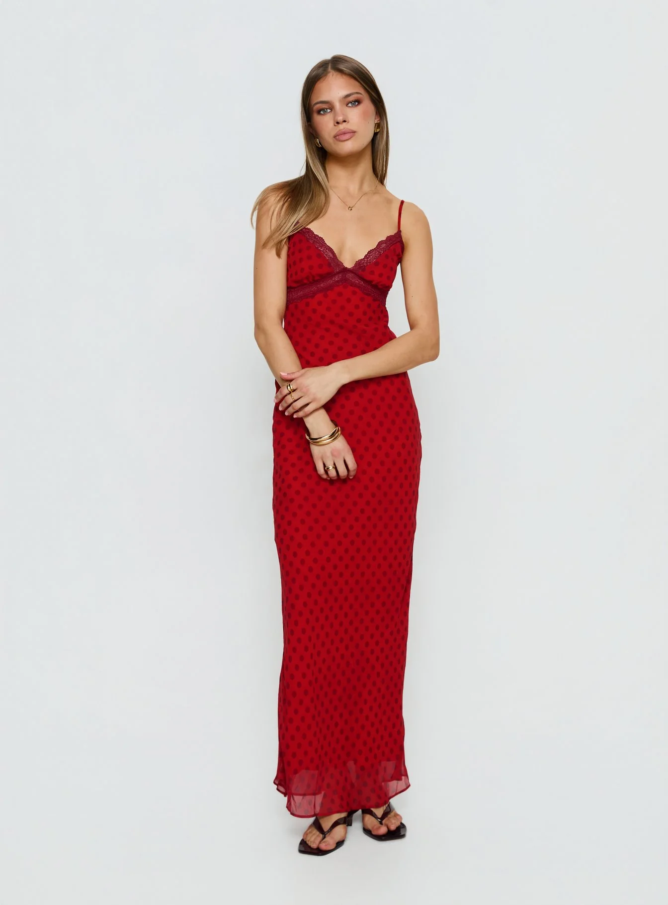 Adasia Lace V Neck Maxi Dress Red Polka Dot - Image 3