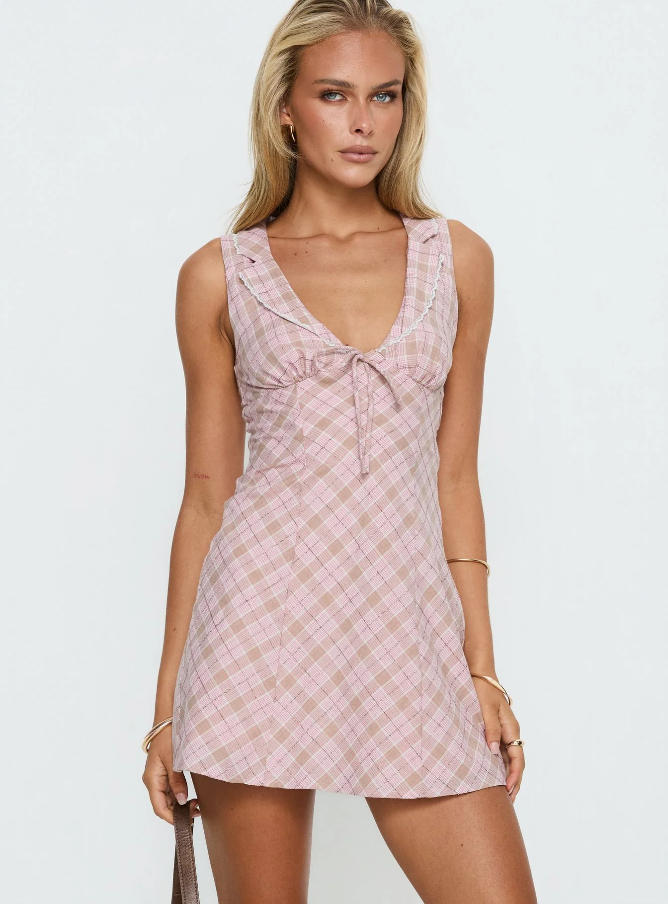 Adelena Collared Mini Dress Pink Check - Image 2