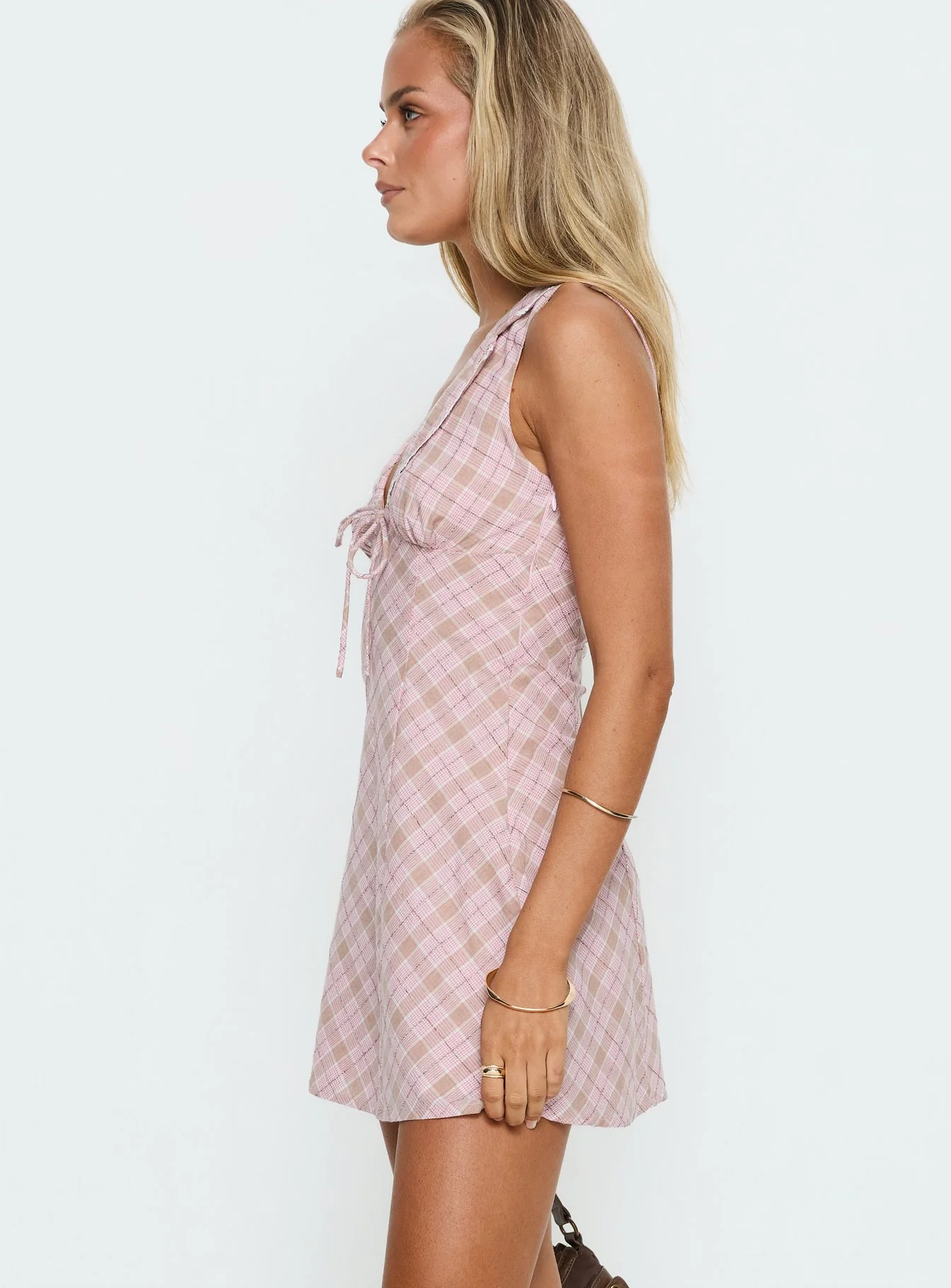 Adelena Collared Mini Dress Pink Check - Image 4