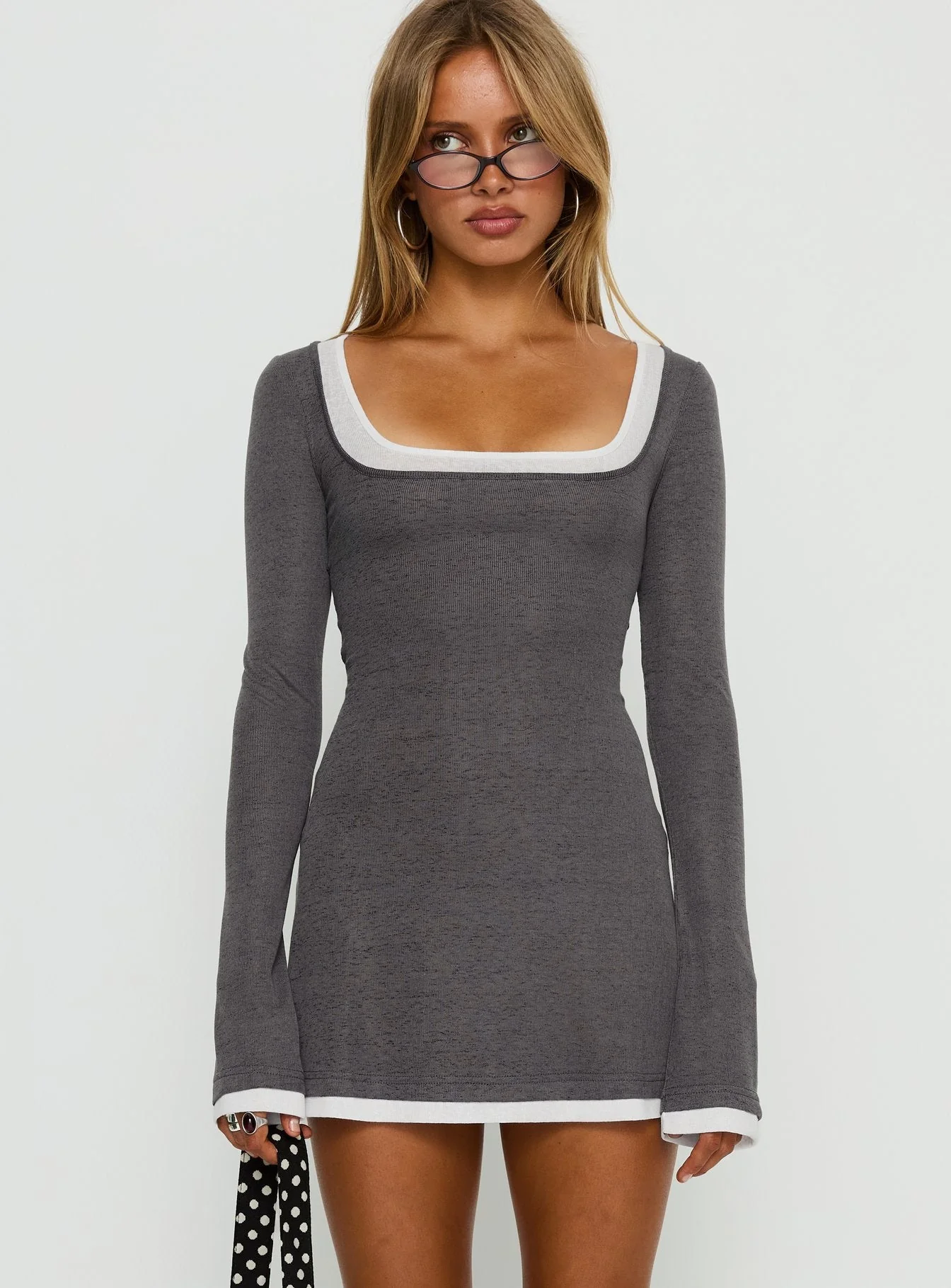 Adoree Long Sleeve Layered Mini Dress Grey / White - Image 2