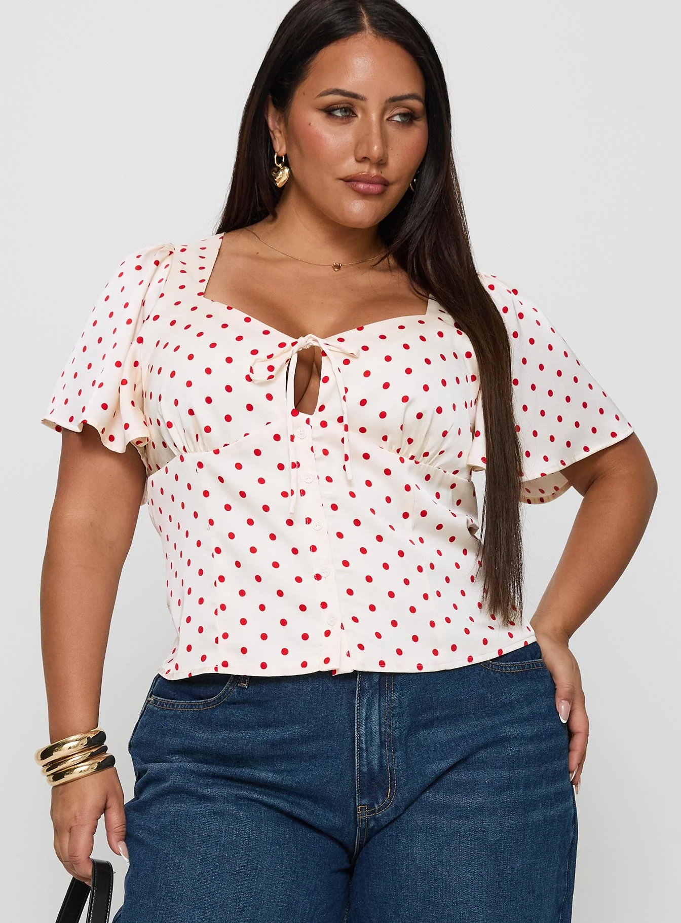 Adrienna Flutter Blouse White / Red Curve - Image 2