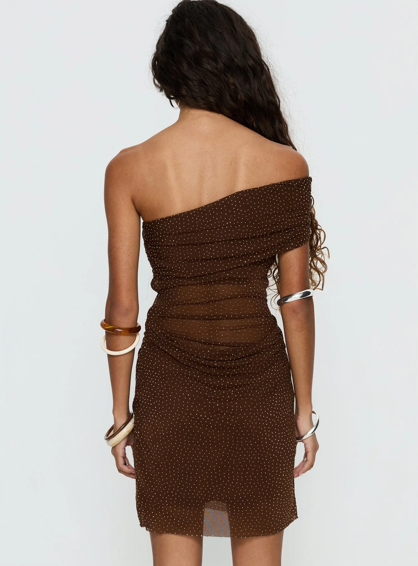 Adriessa One Shoulder Sheer Mini Dress Dark Brown Shimmer - Image 5