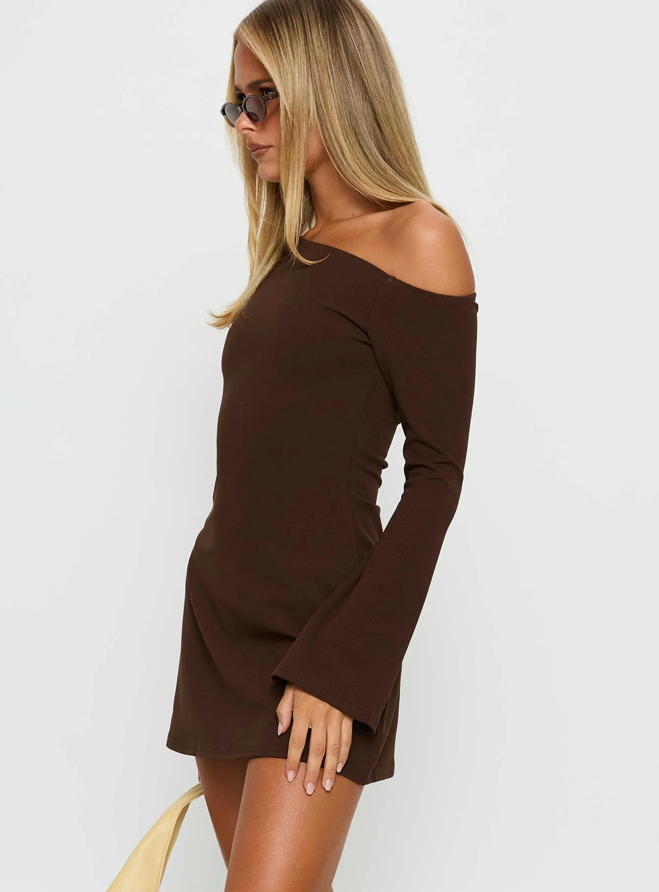 Adrietta Long Sleeve Off Shoulder Mini Dress Brown - Image 4