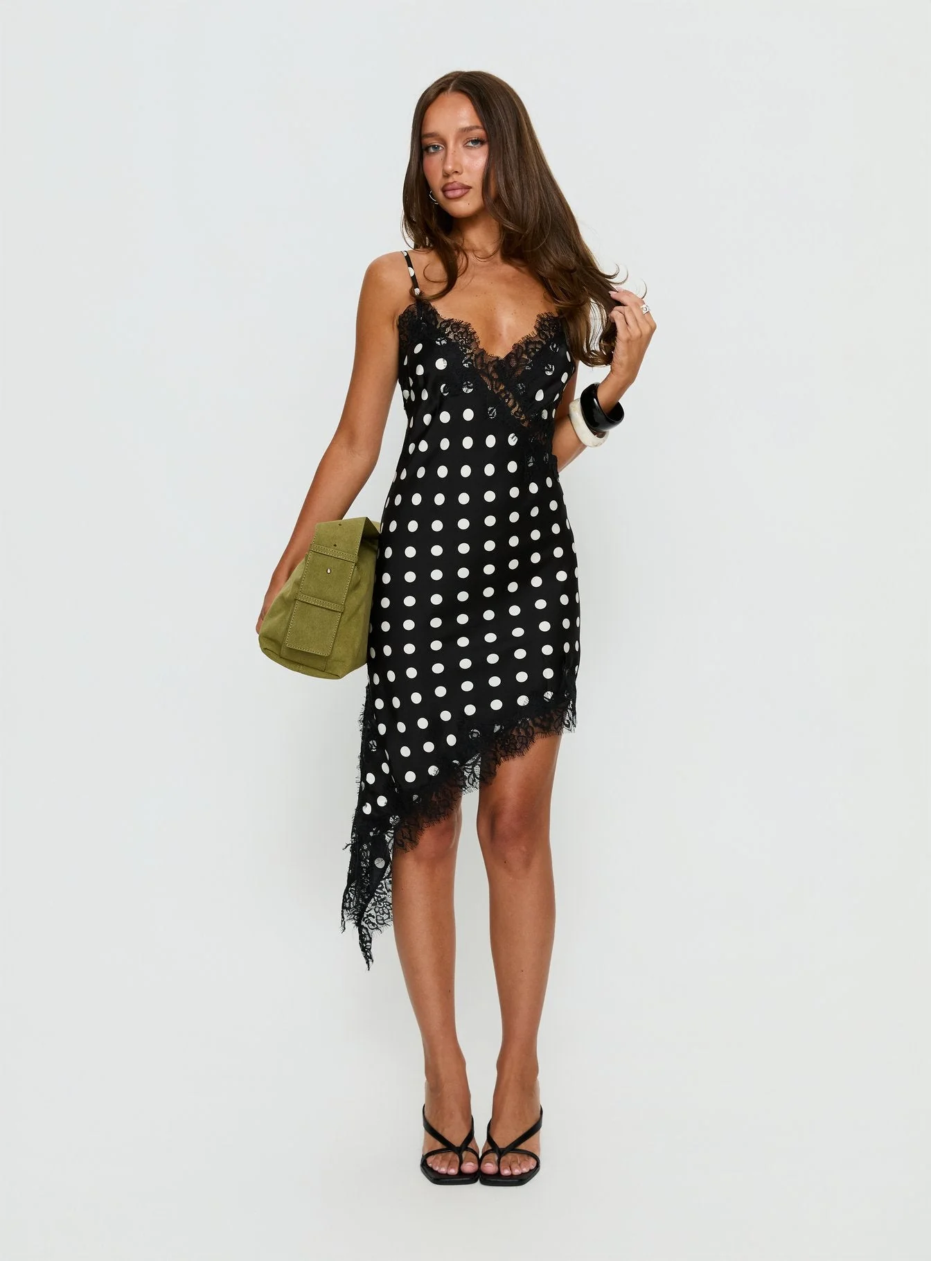 Afterdark Lace Asymmetrical Mini Dress Black Polka Dot - Image 2