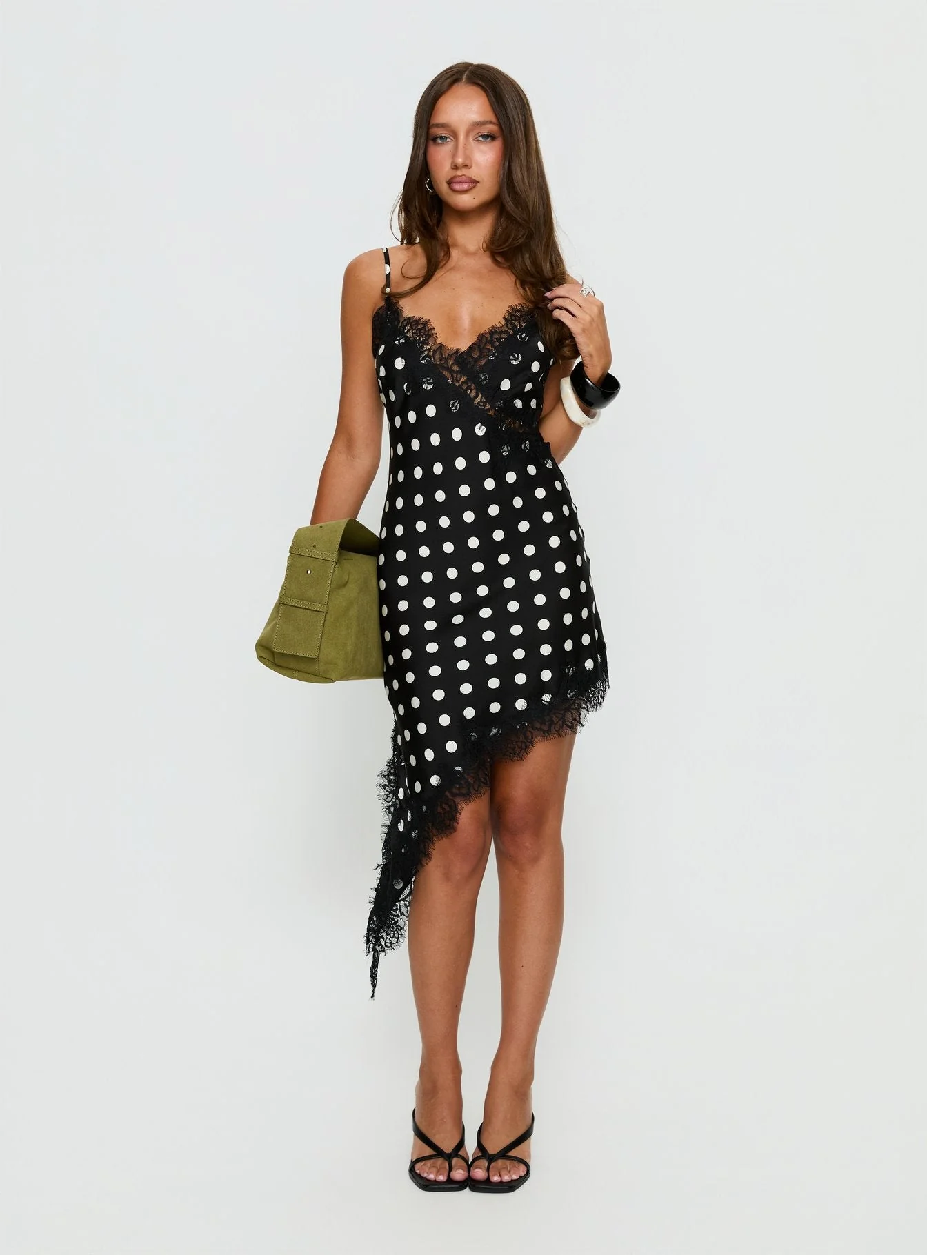 Afterdark Lace Asymmetrical Mini Dress Black Polka Dot - Image 3