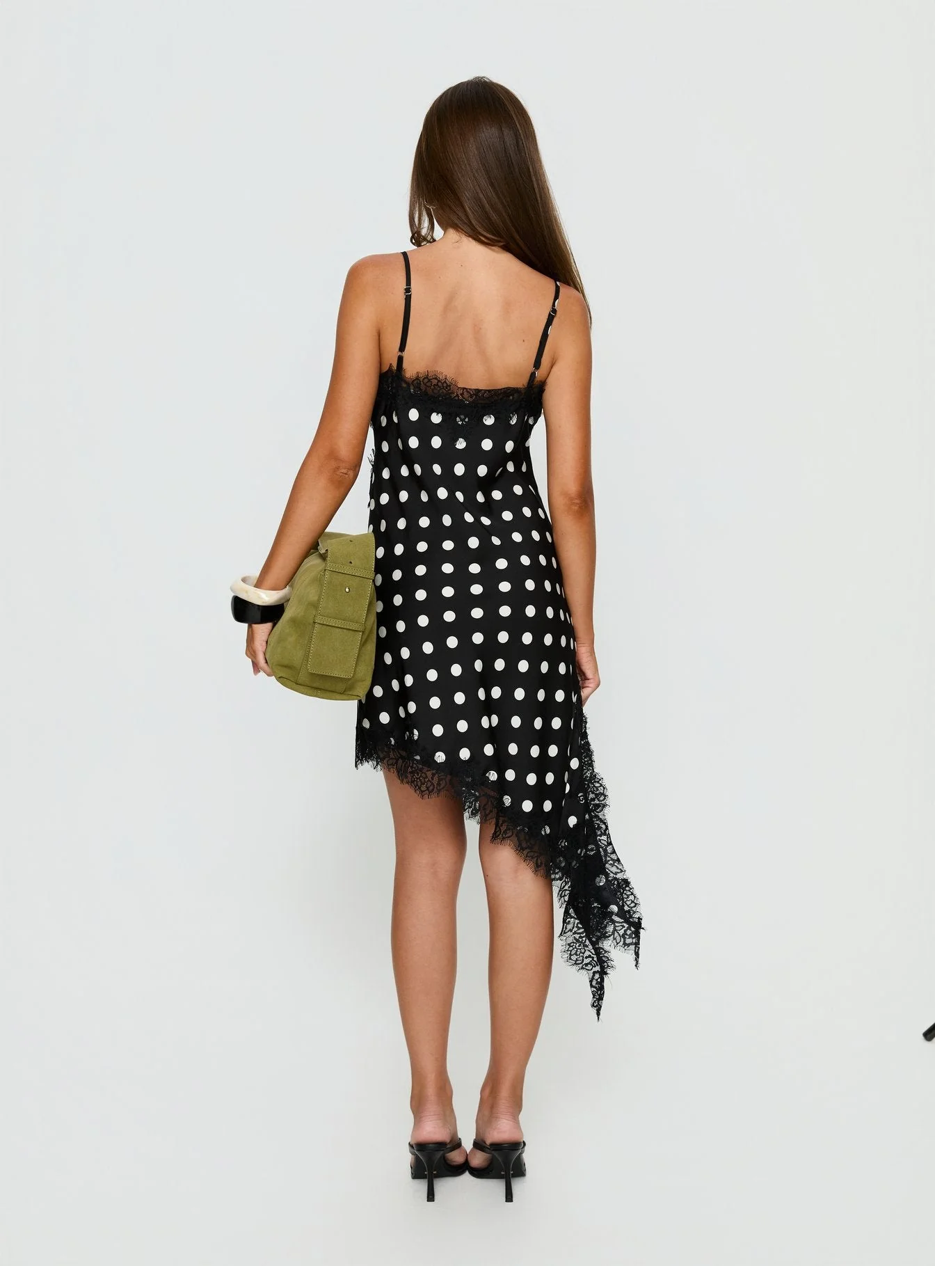 Afterdark Lace Asymmetrical Mini Dress Black Polka Dot - Image 5