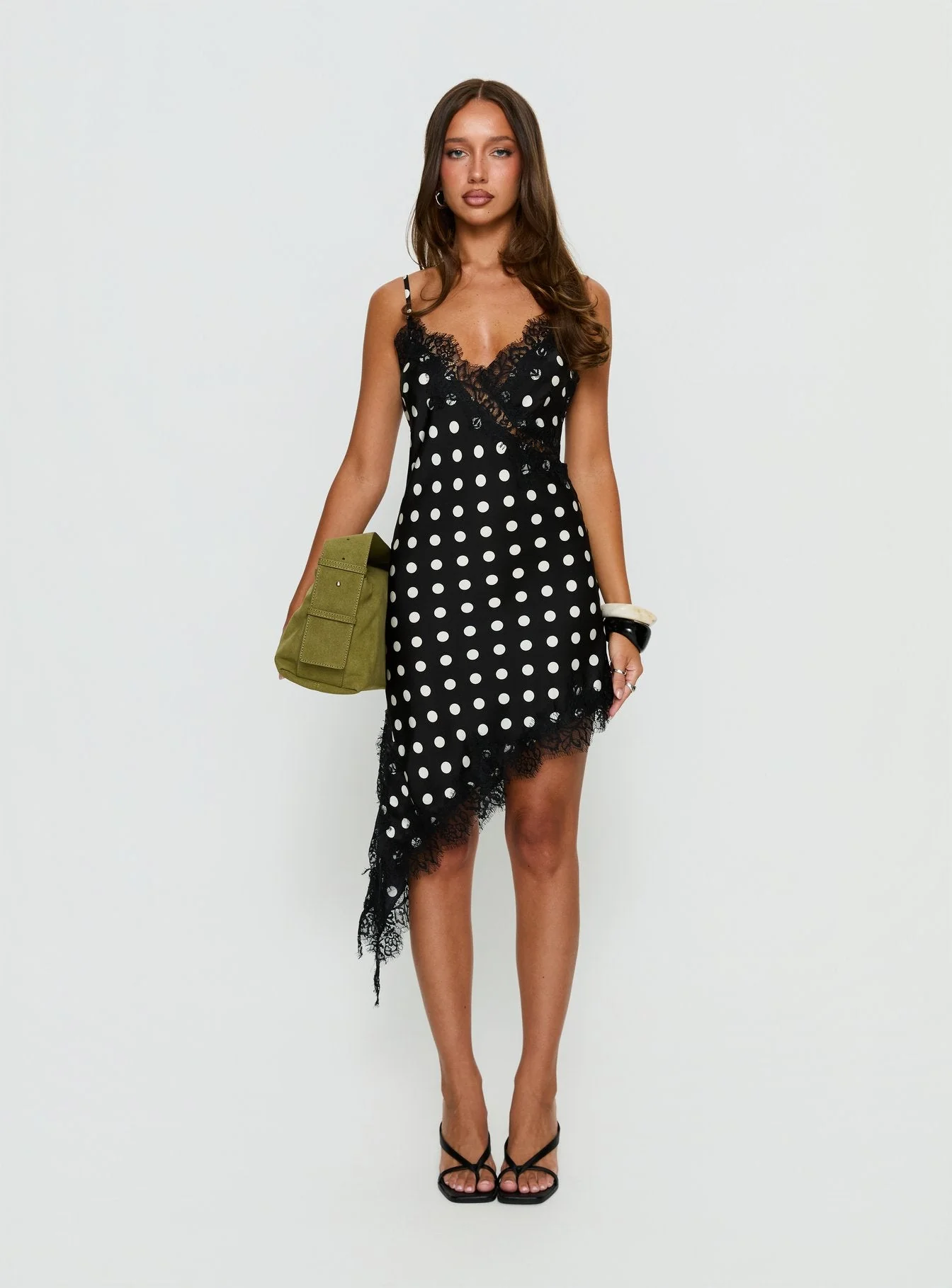 Afterdark Lace Asymmetrical Mini Dress Black Polka Dot - Image 7