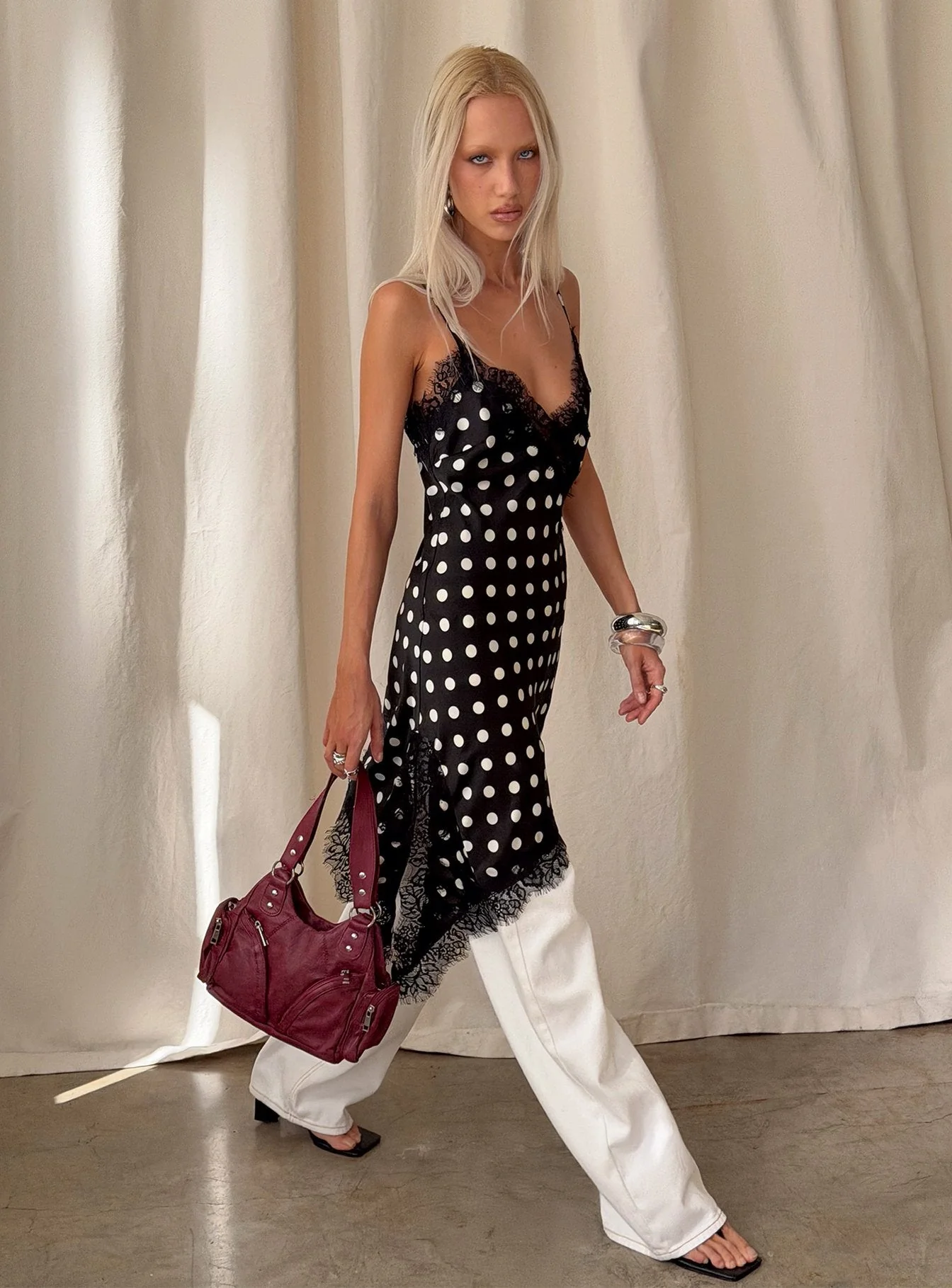 Afterdark Lace Asymmetrical Mini Dress Black Polka Dot - Image 8