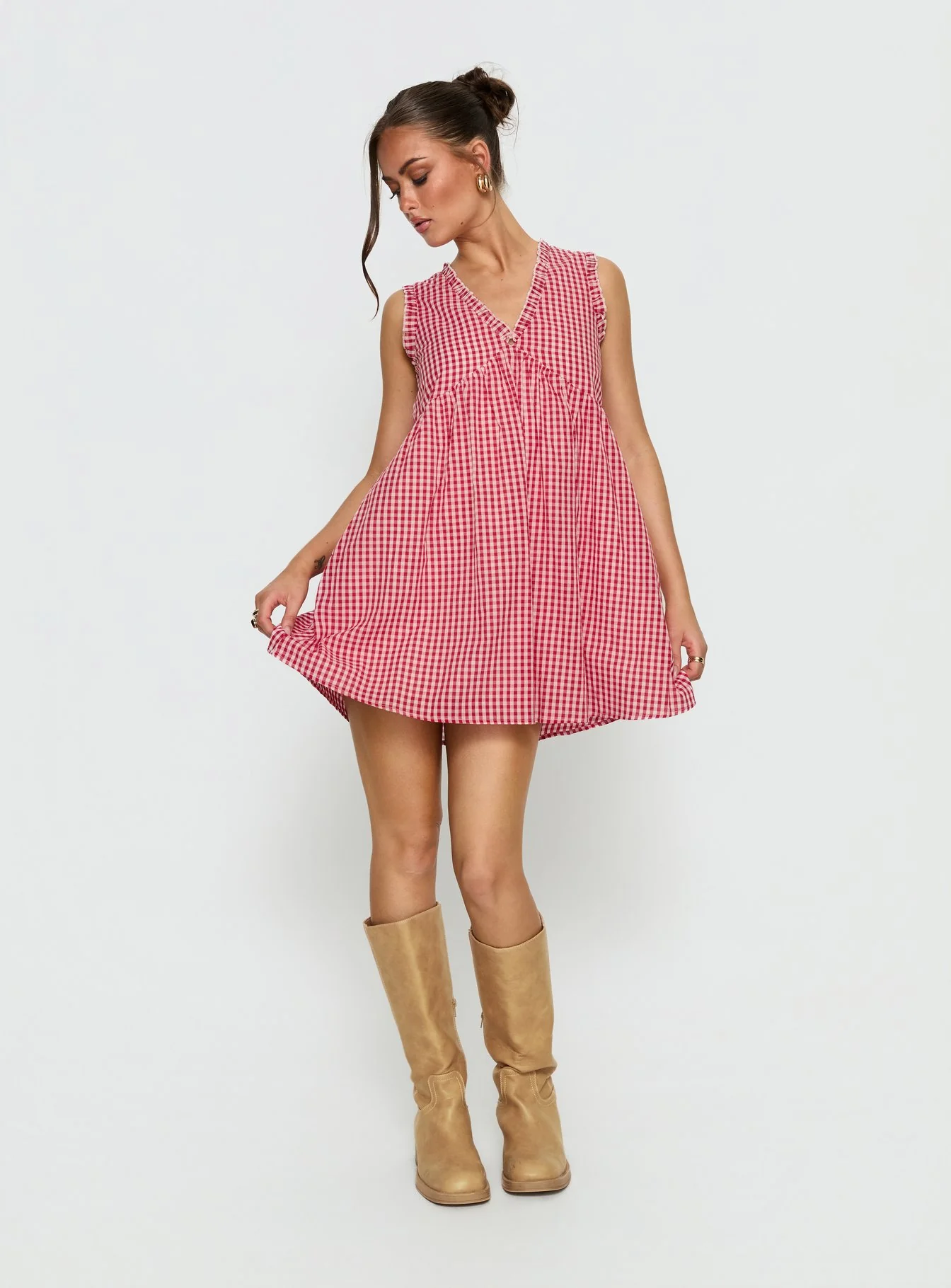 Akacia Babydoll Mini Dress Red Gingham - Image 2