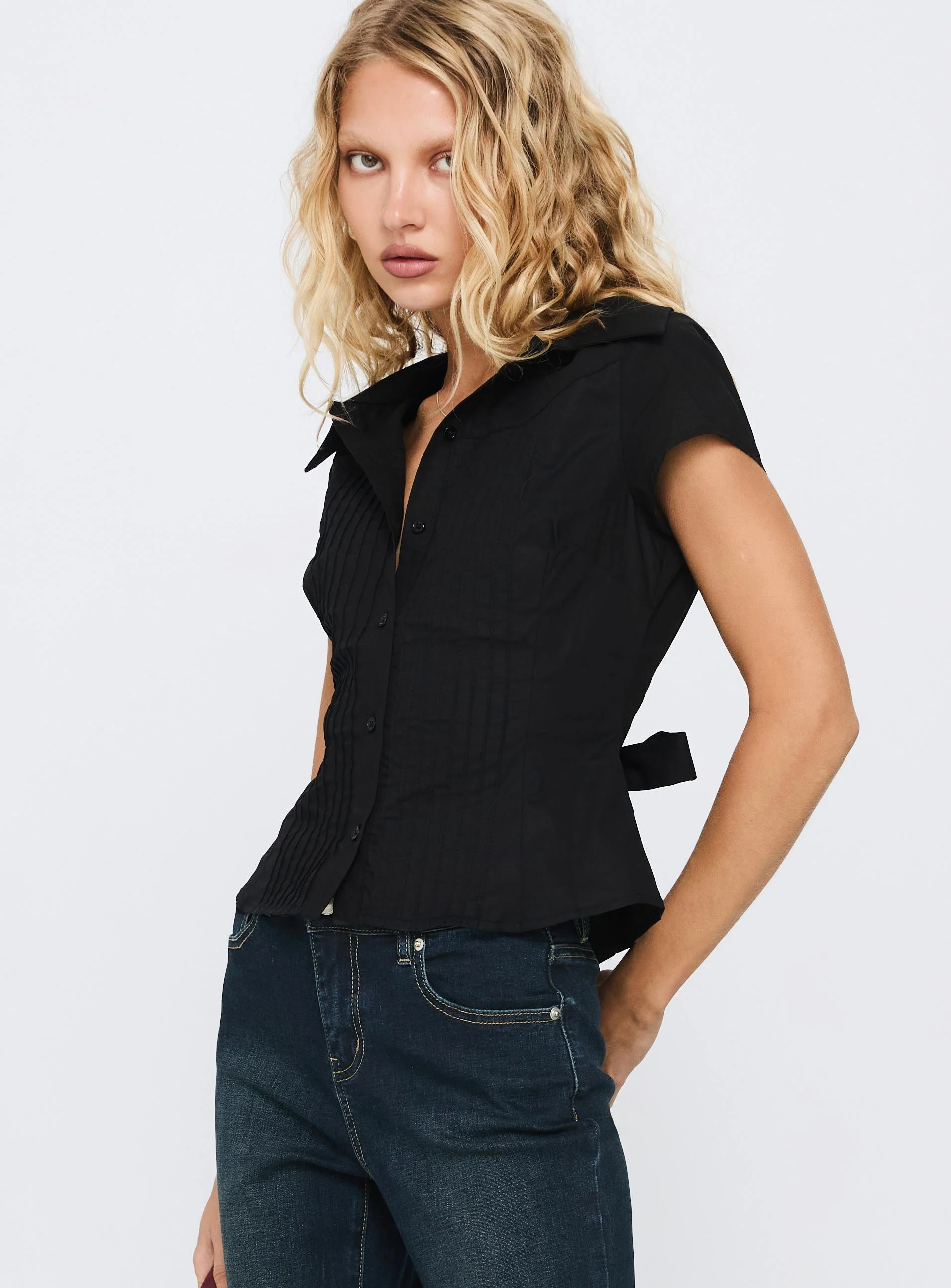 Akiyo Button Up Blouse Top Black - Image 3