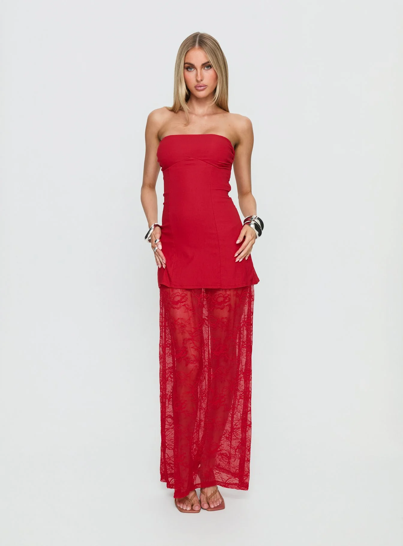 Aleda Sheer Lace Detail Strapless Maxi Dress Red - Image 3