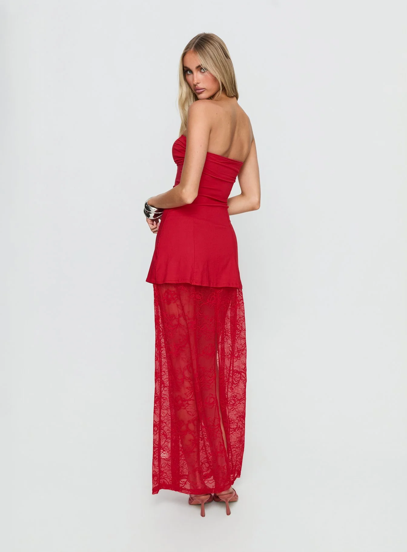 Aleda Sheer Lace Detail Strapless Maxi Dress Red - Image 5