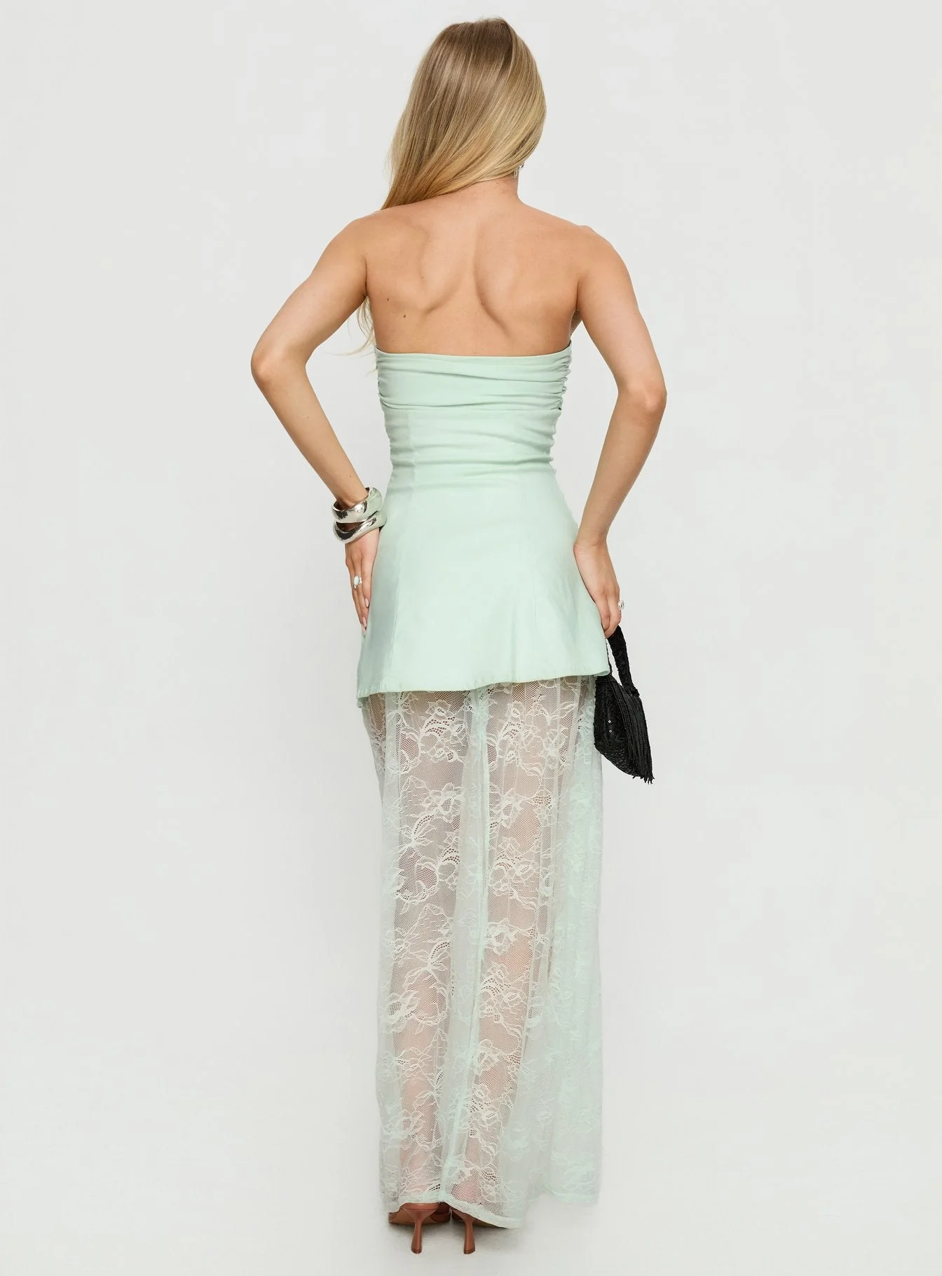 Aleda Sheer Lace Detail Strapless Maxi Dress Sage - Image 5