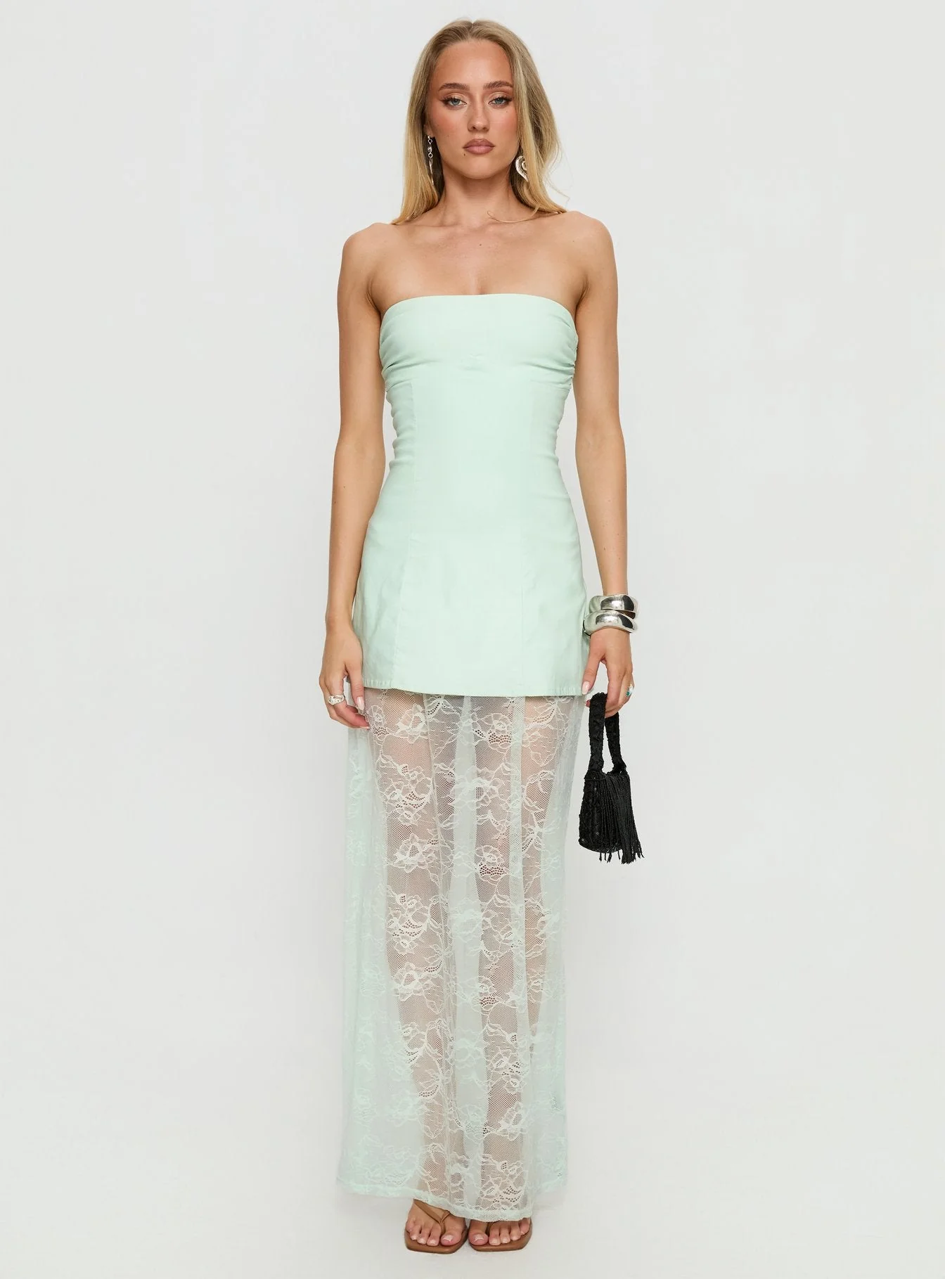 Aleda Sheer Lace Detail Strapless Maxi Dress Sage - Image 7