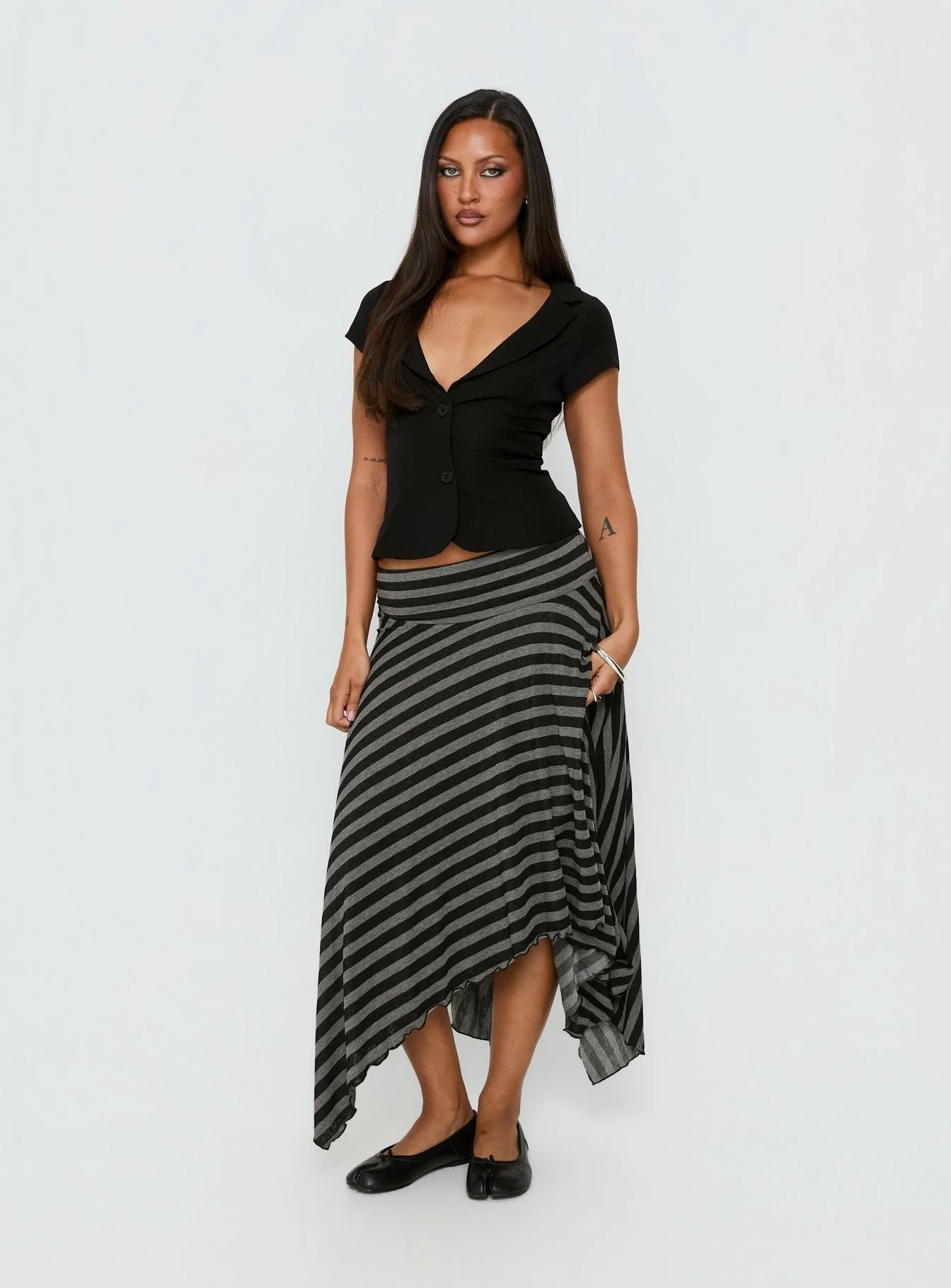 Alevia Asymmetrical Midi Skirt Black / Grey Stripe - Image 2