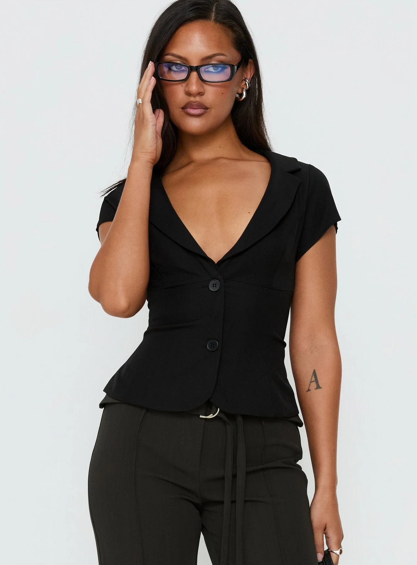 Alexandrea Plunge Button Up Top Black - Image 2