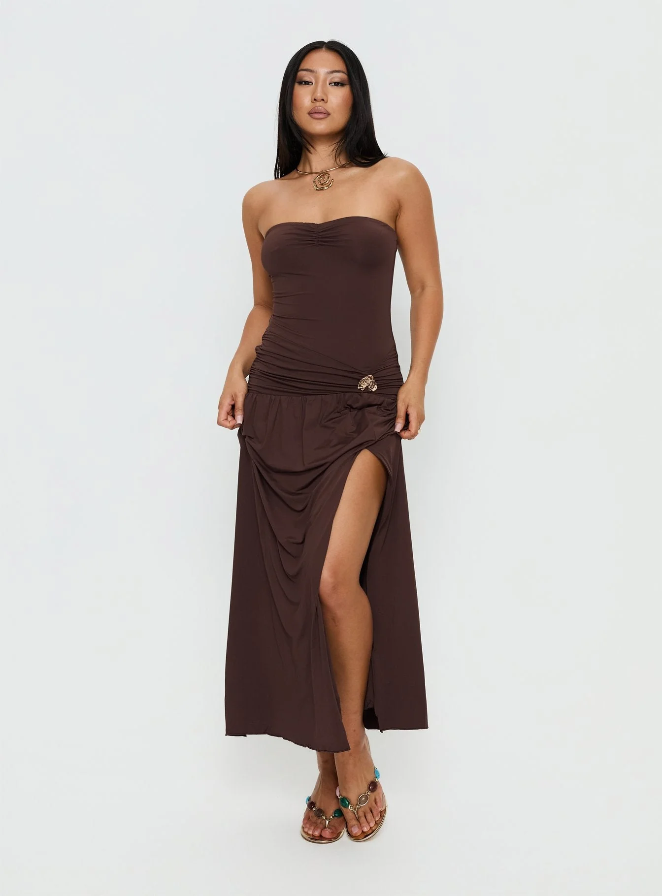 Alexe Strapless Ruched Maxi Dress Chocolate - Image 2