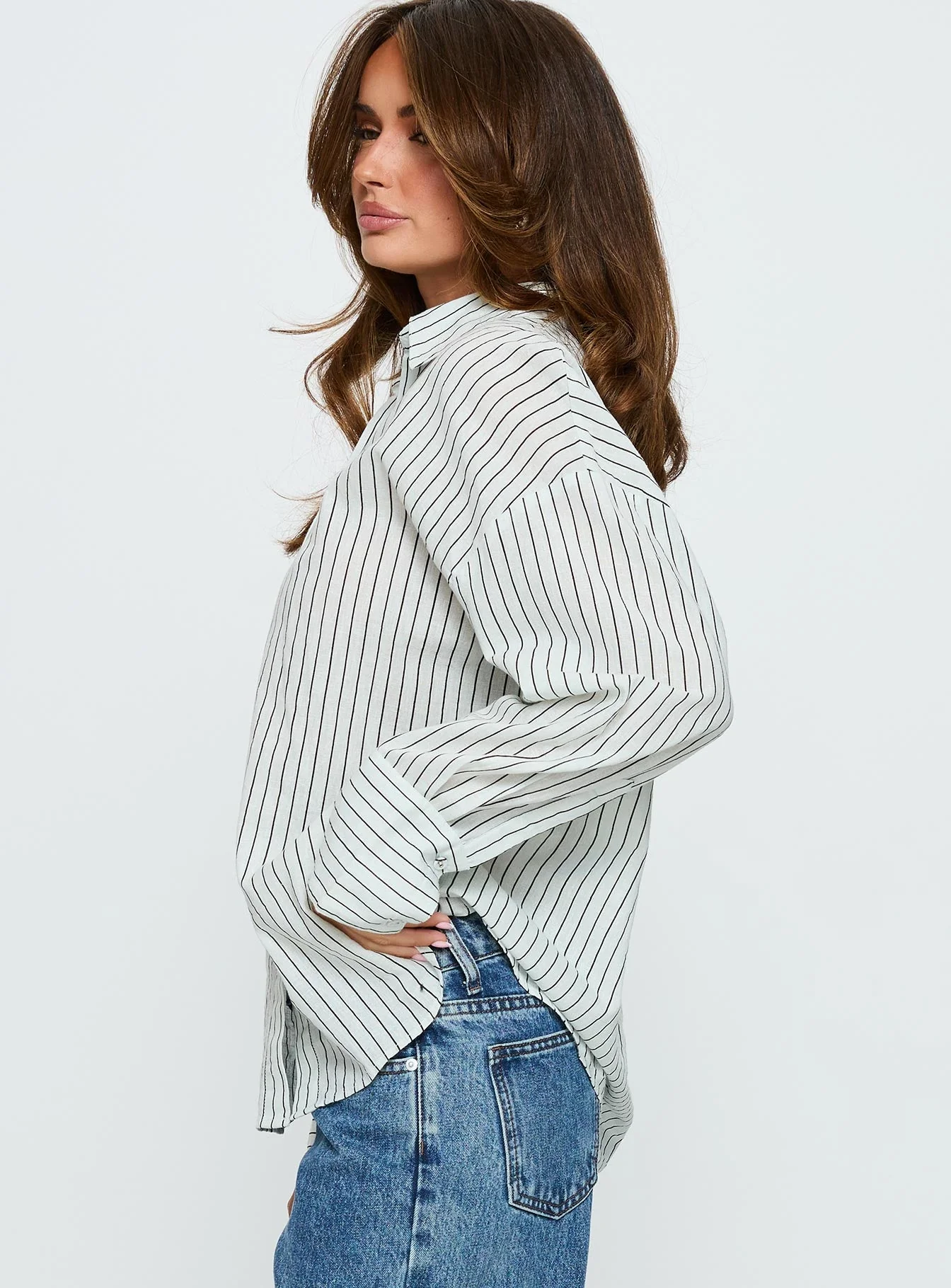 Alexi Long Sleeve Button Down Top Blue / Brown Stripe - Image 3