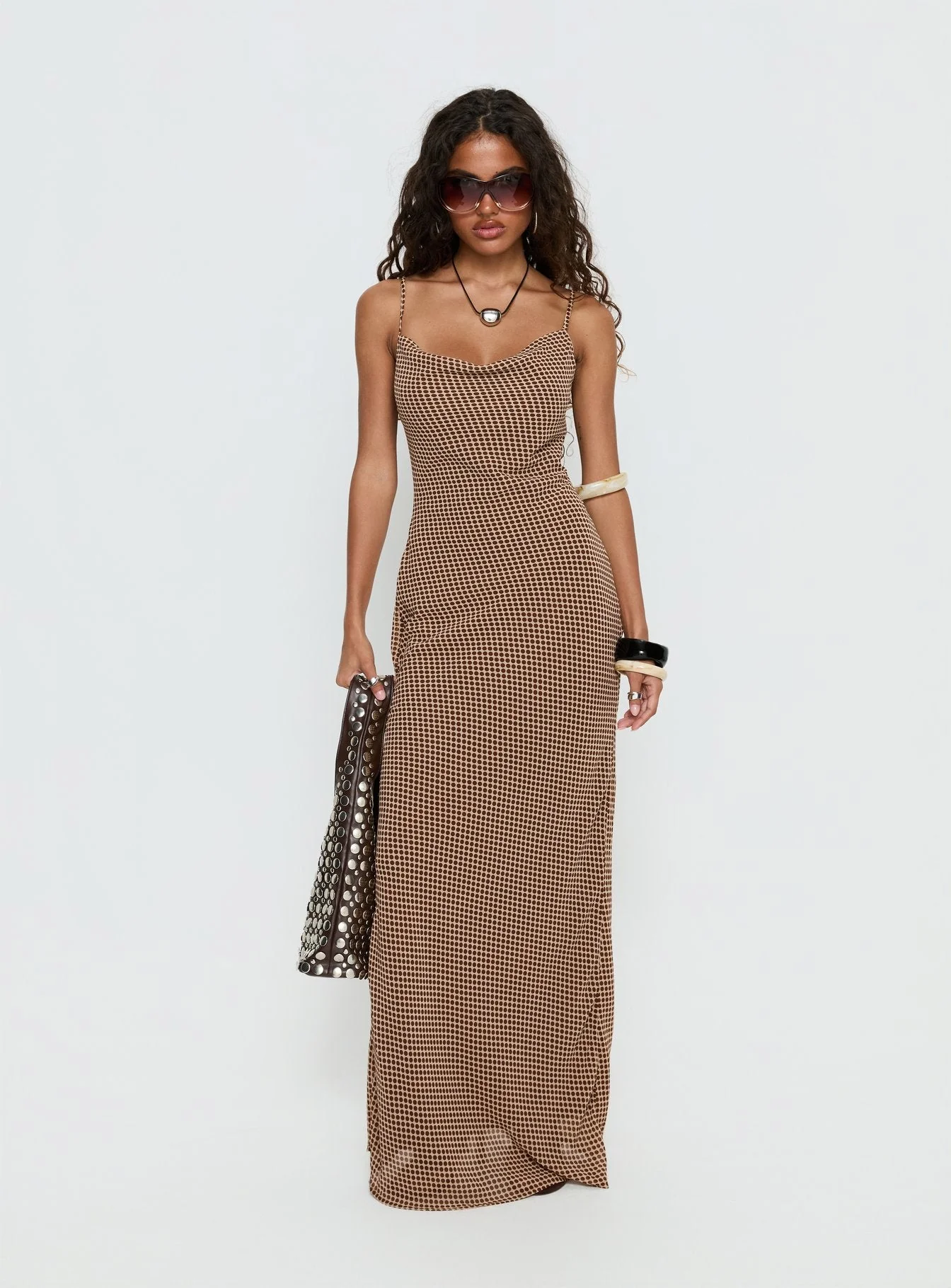 Aliah Cowl Neck Maxi Dress Brown Polka Dot - Image 2