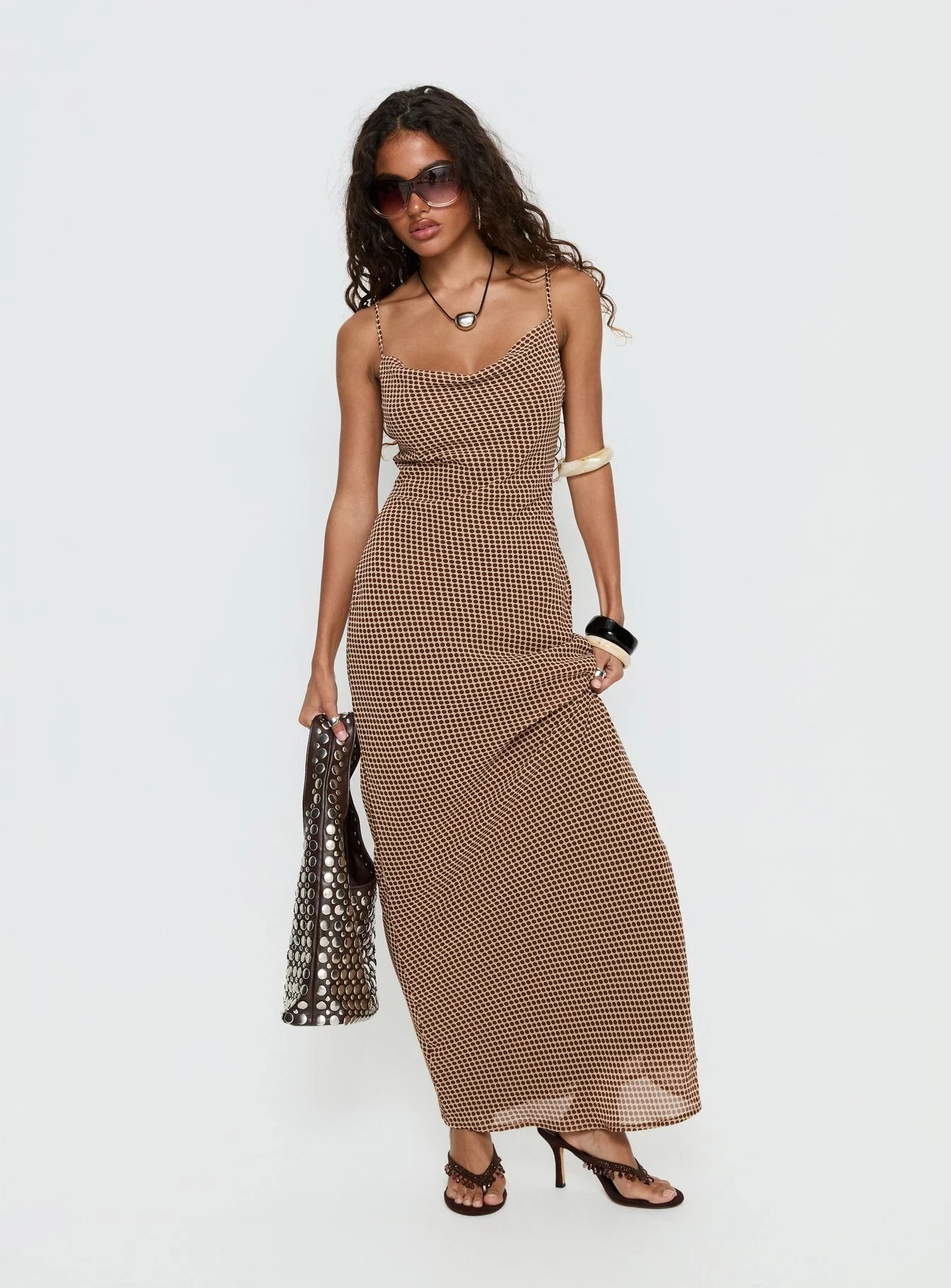 Aliah Cowl Neck Maxi Dress Brown Polka Dot - Image 3