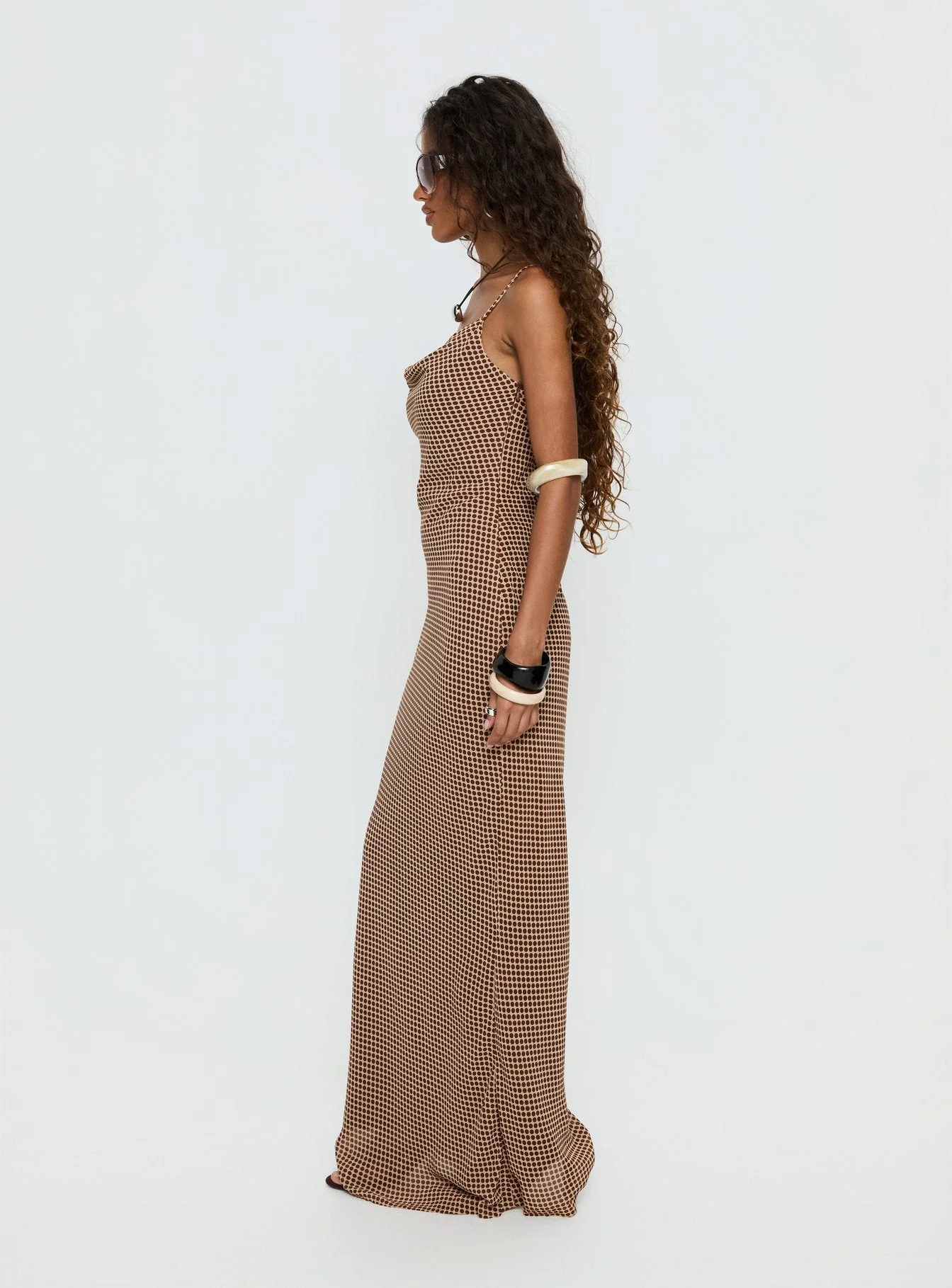 Aliah Cowl Neck Maxi Dress Brown Polka Dot - Image 4