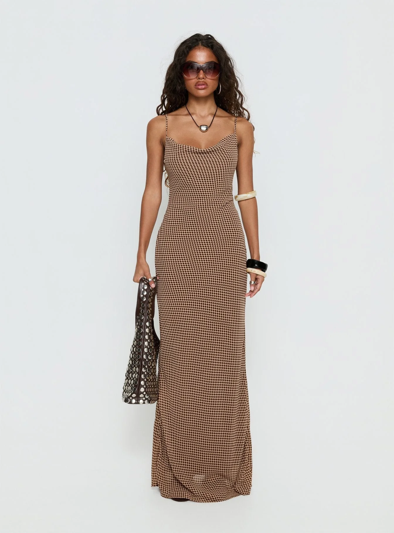 Aliah Cowl Neck Maxi Dress Brown Polka Dot - Image 7