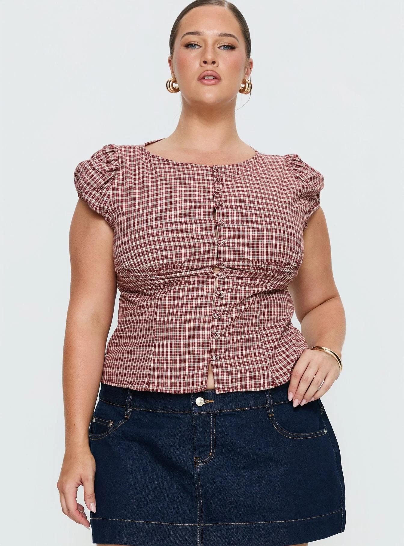 Alixandra Puff Sleeve Blouse Top Red Check Curve - Image 2