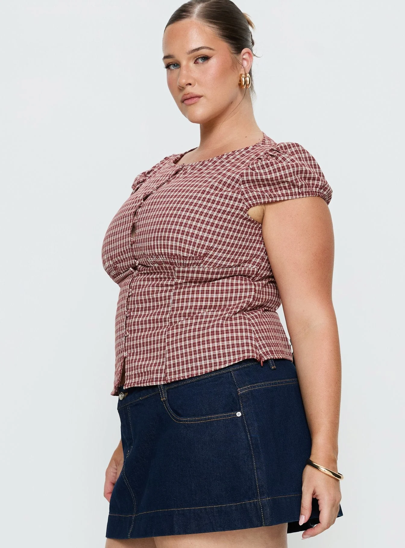 Alixandra Puff Sleeve Blouse Top Red Check Curve - Image 4
