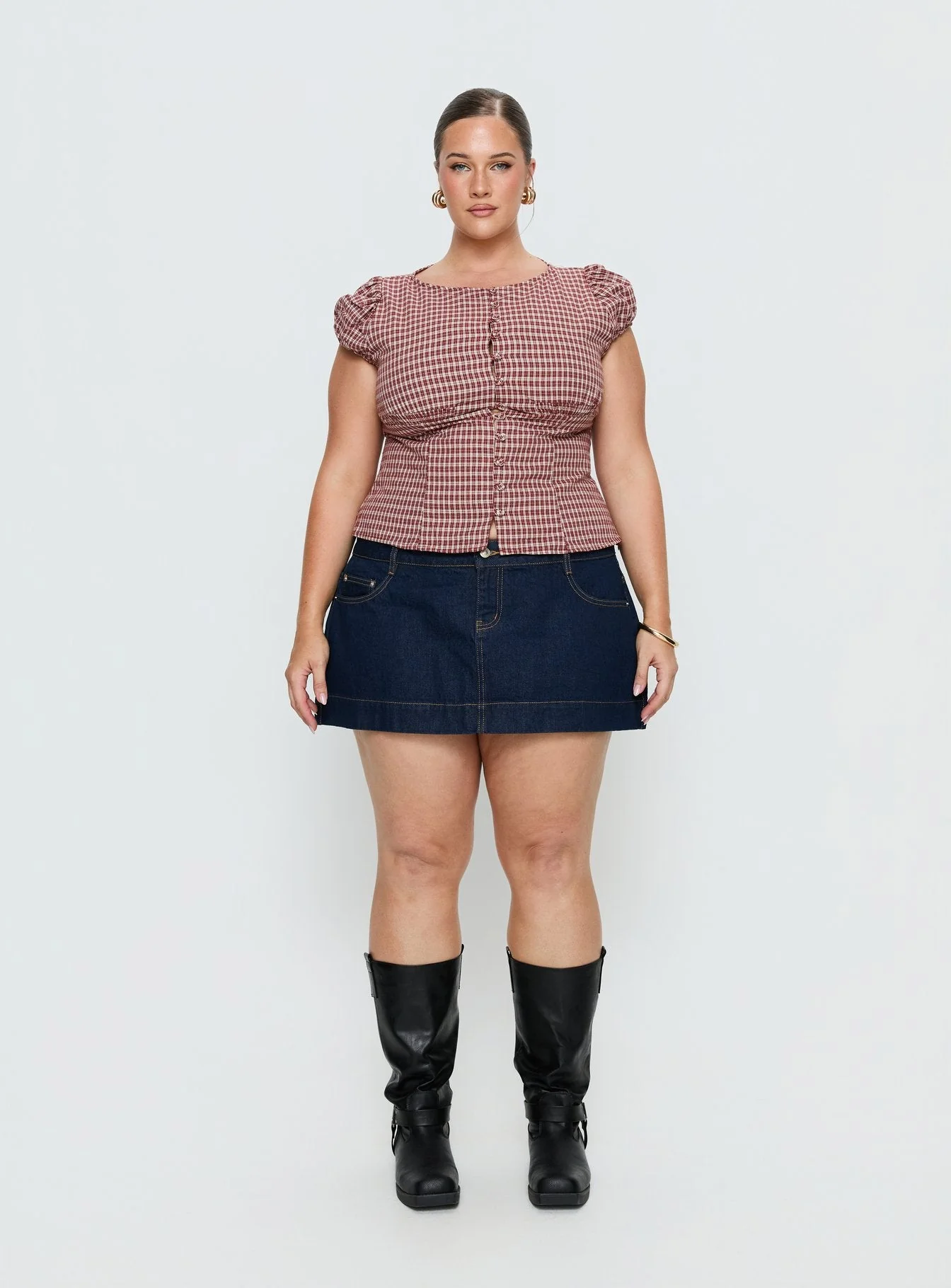 Alixandra Puff Sleeve Blouse Top Red Check Curve - Image 7