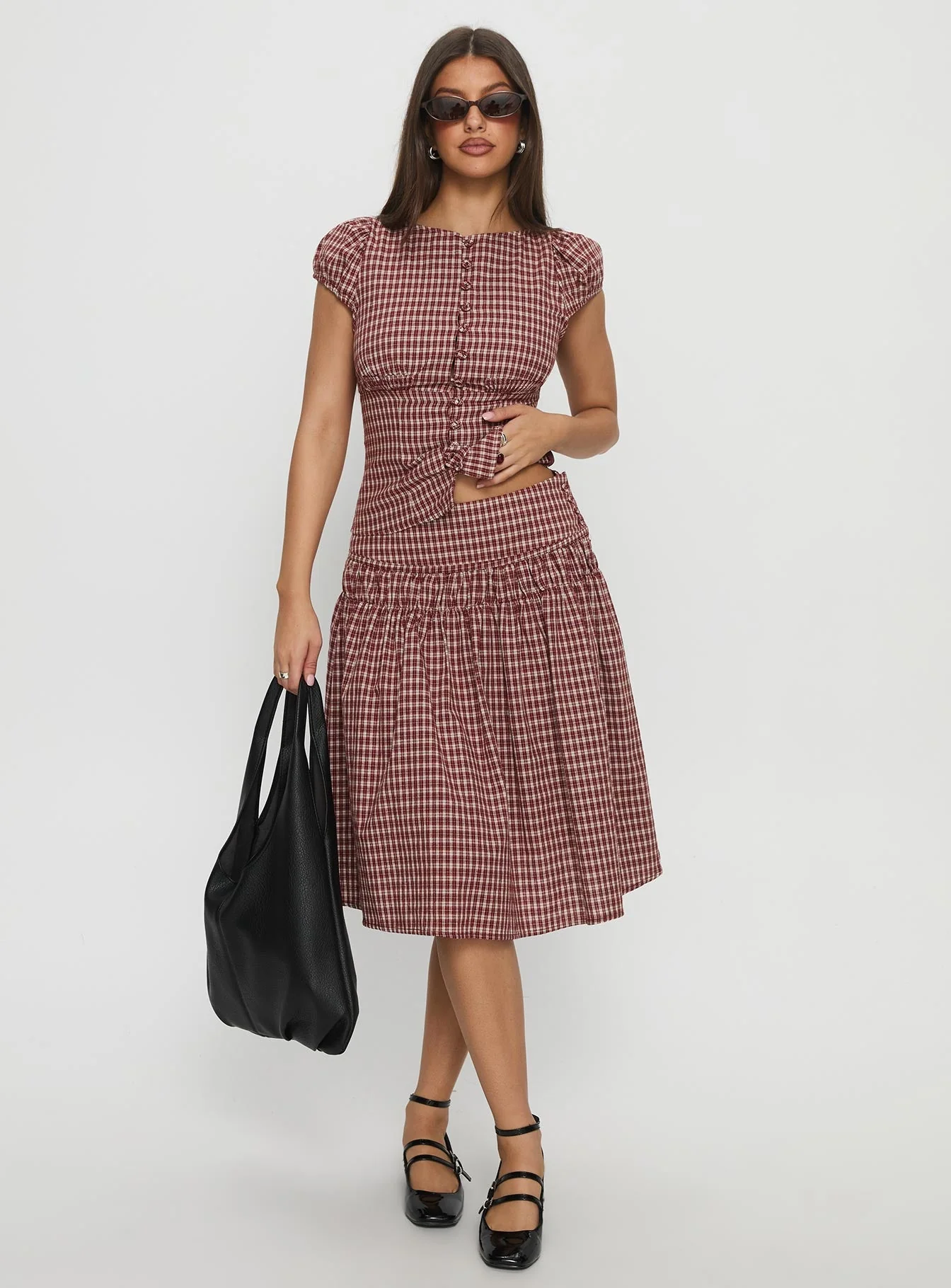 Alixandra Ruched Midi Skirt Red Check - Image 2