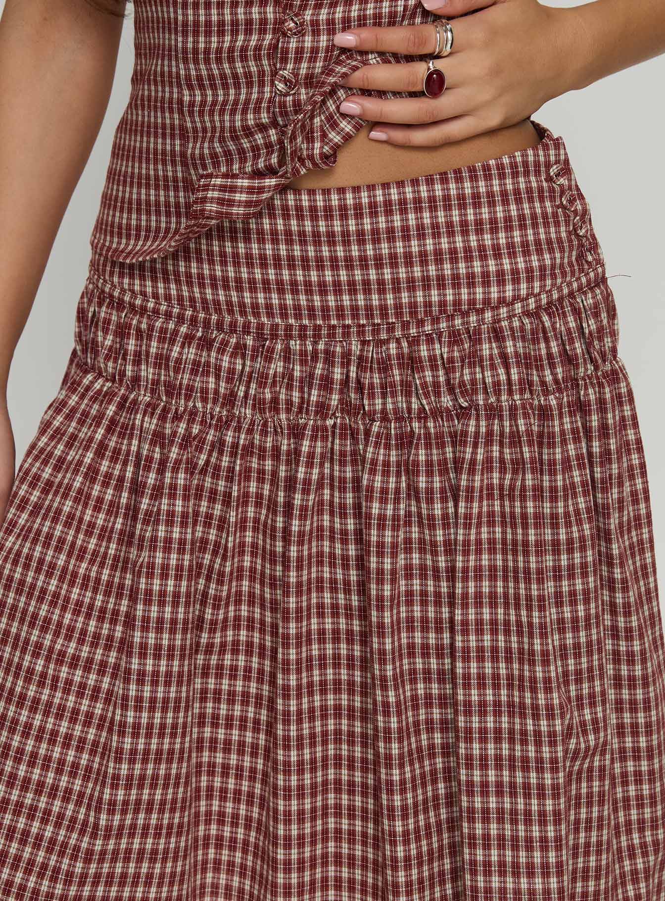 Alixandra Ruched Midi Skirt Red Check - Image 6