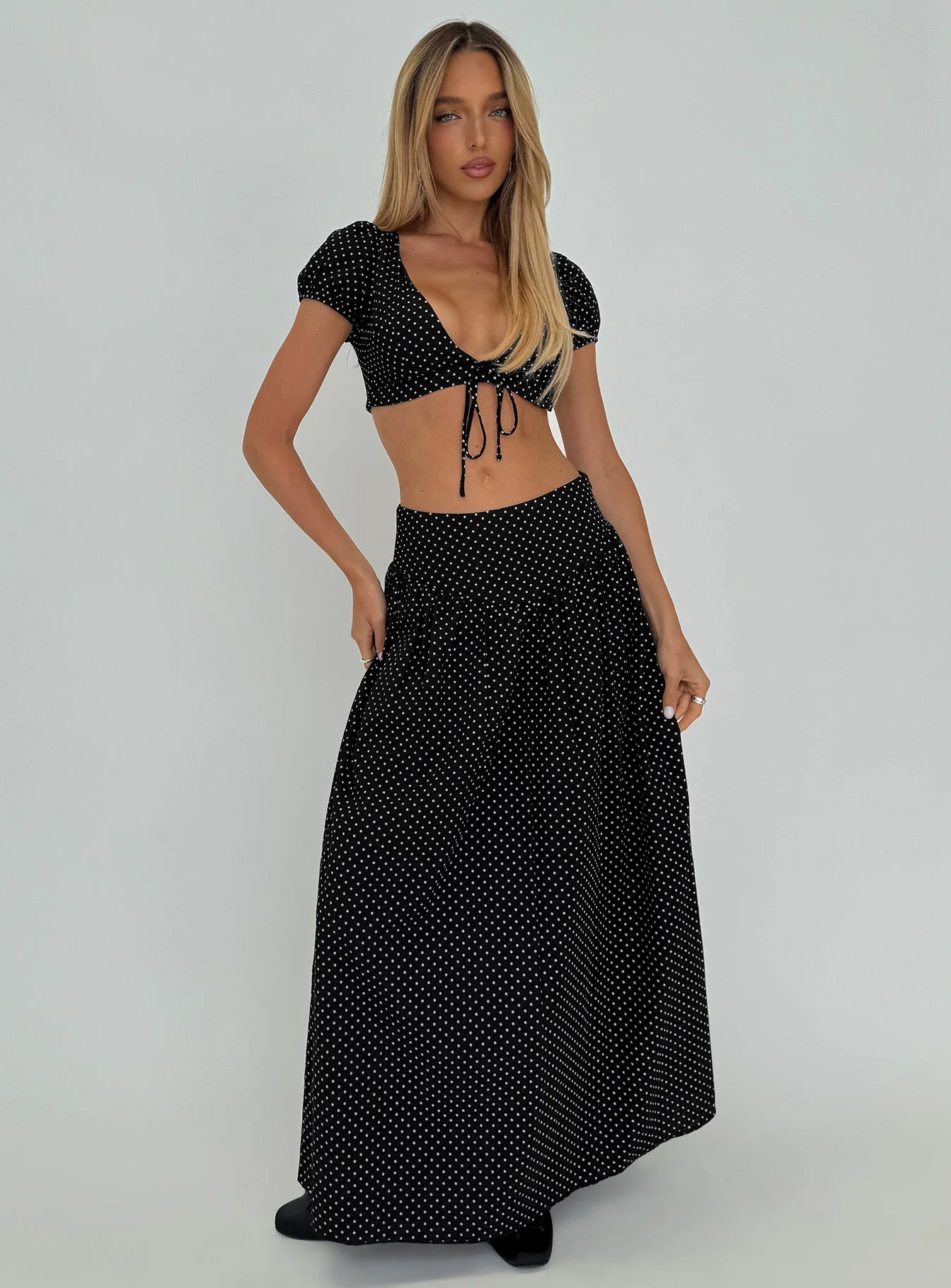 Alletta Drop Waist Maxi Skirt Black Polka - Image 9