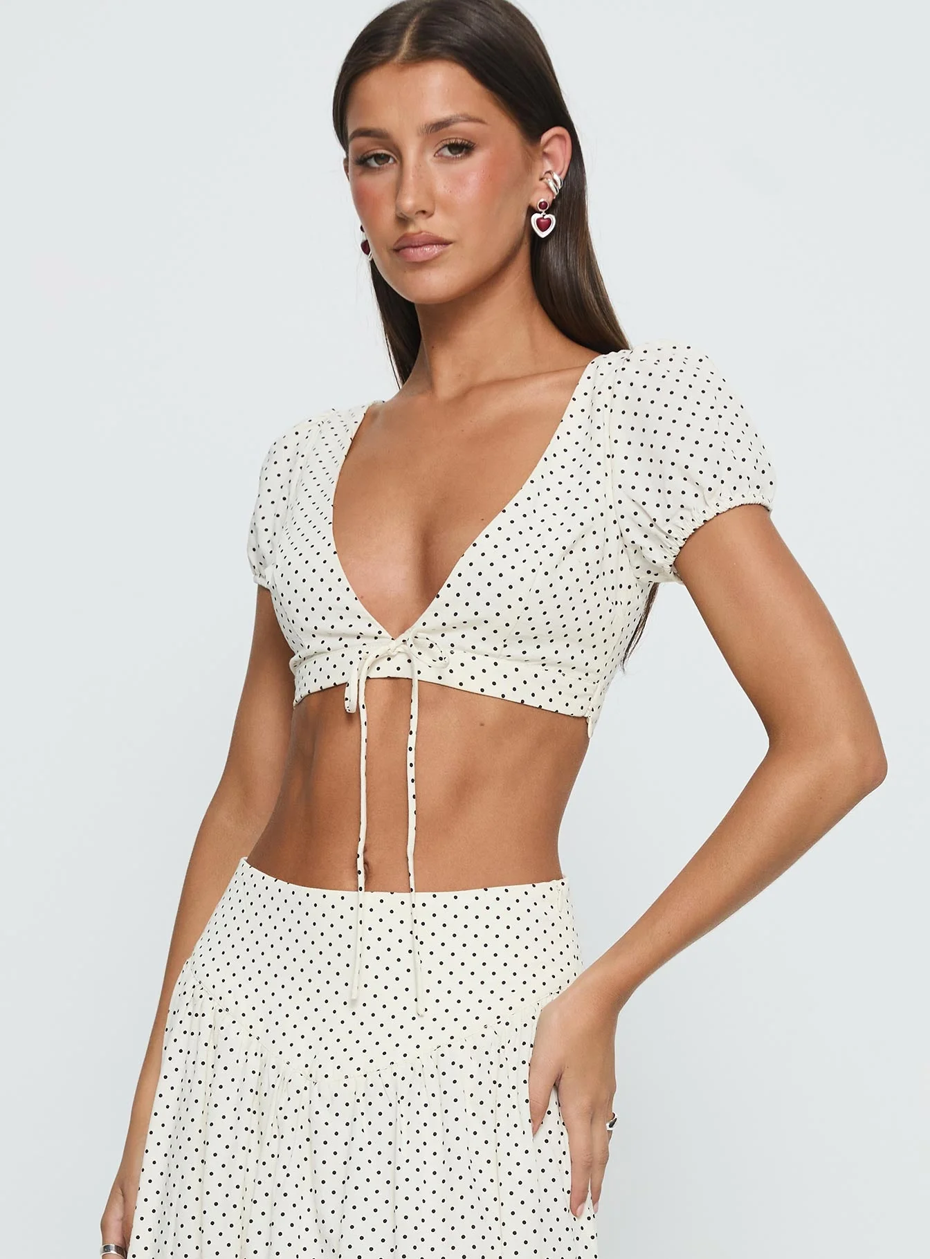 Alletta Tie Up Micro Crop Top Cream Polka - Image 4