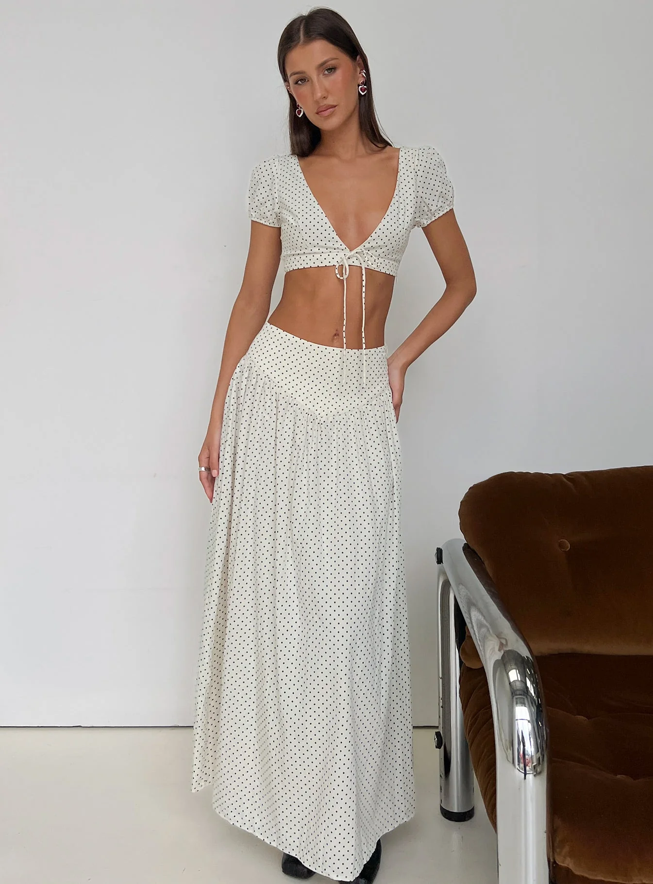 Alletta Tie Up Micro Crop Top Cream Polka - Image 8
