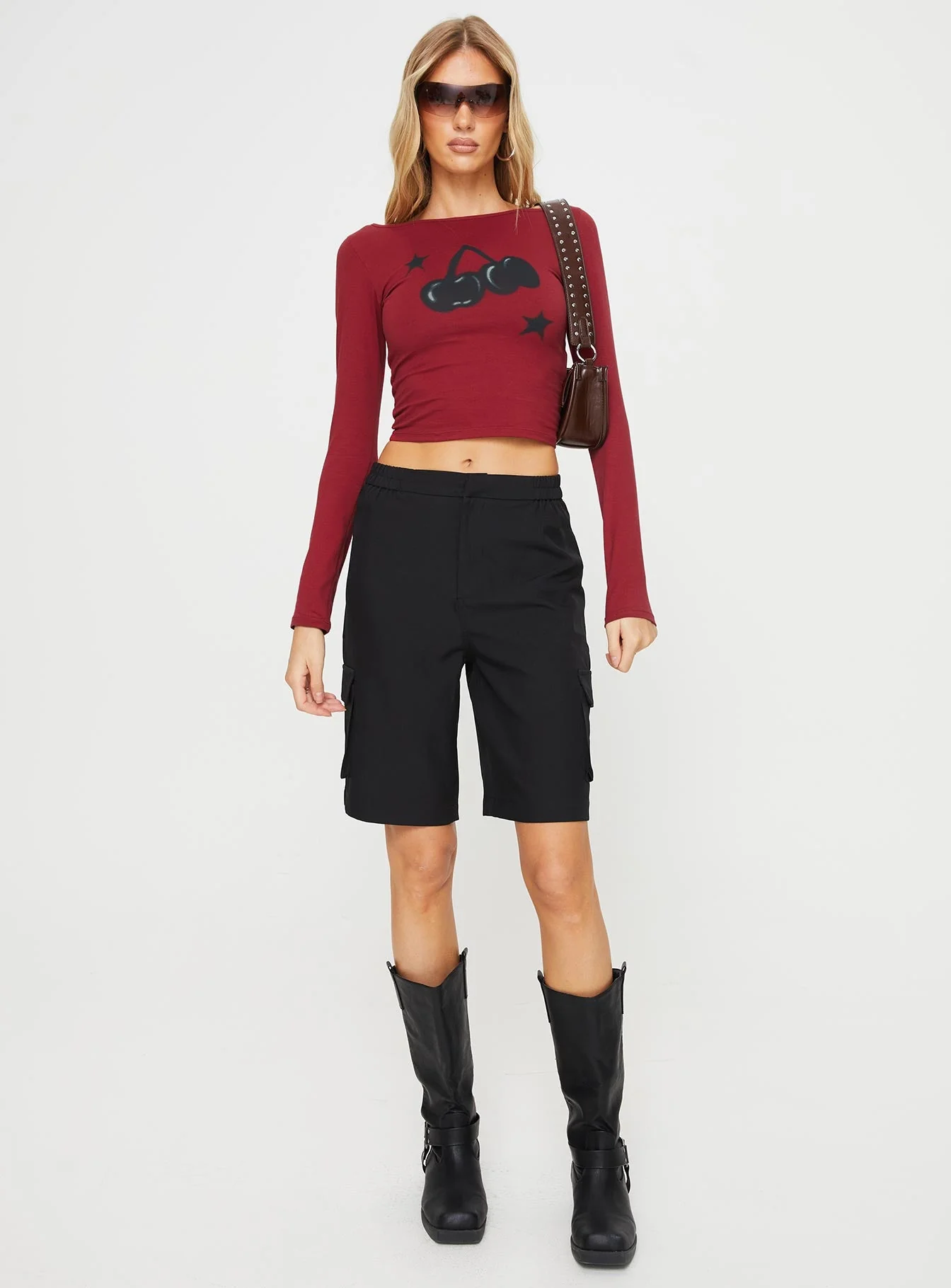Amabon Cherry Print Long Sleeve Top Adrenalin Red - Image 3