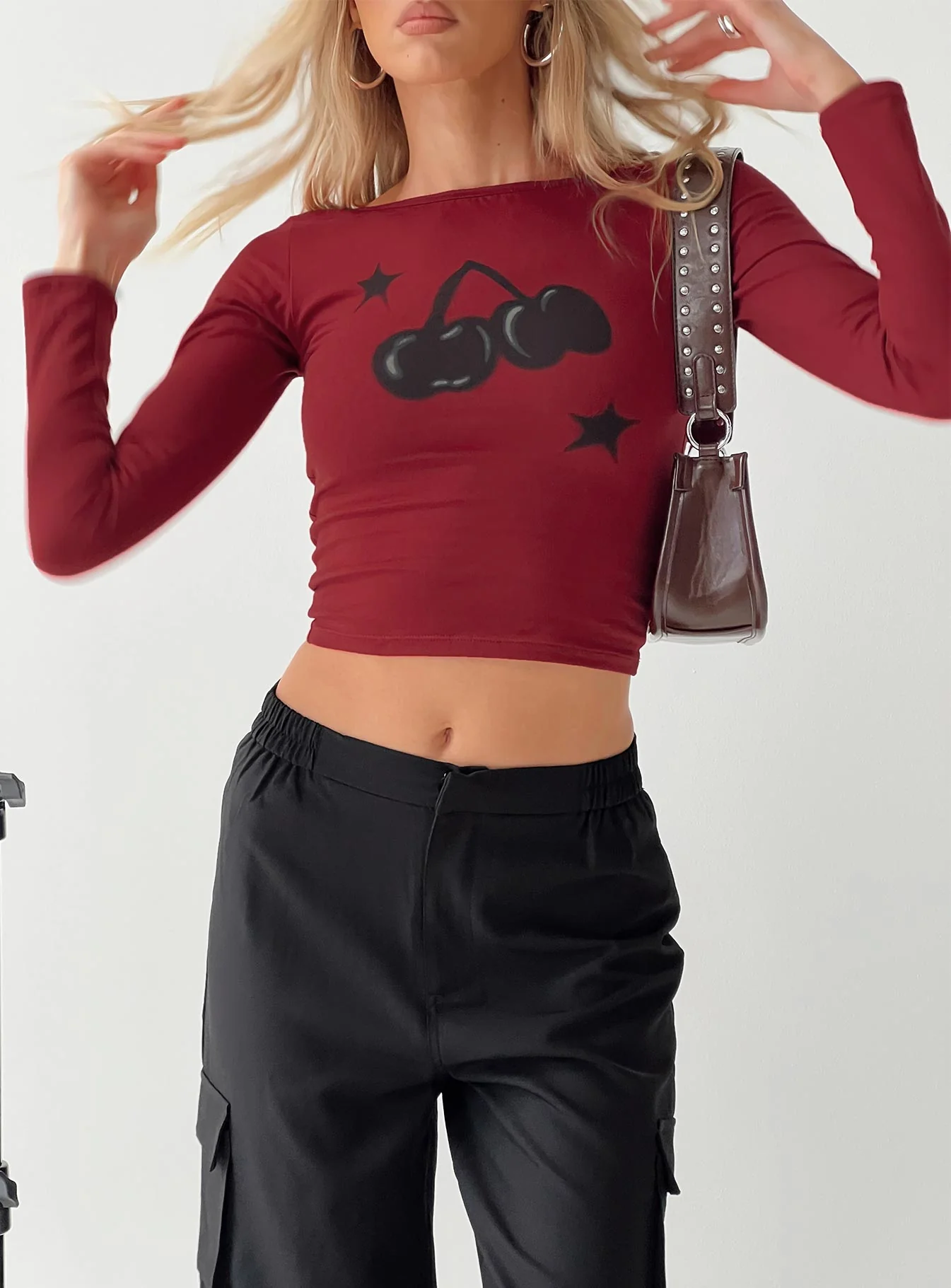 Amabon Cherry Print Long Sleeve Top Adrenalin Red - Image 6