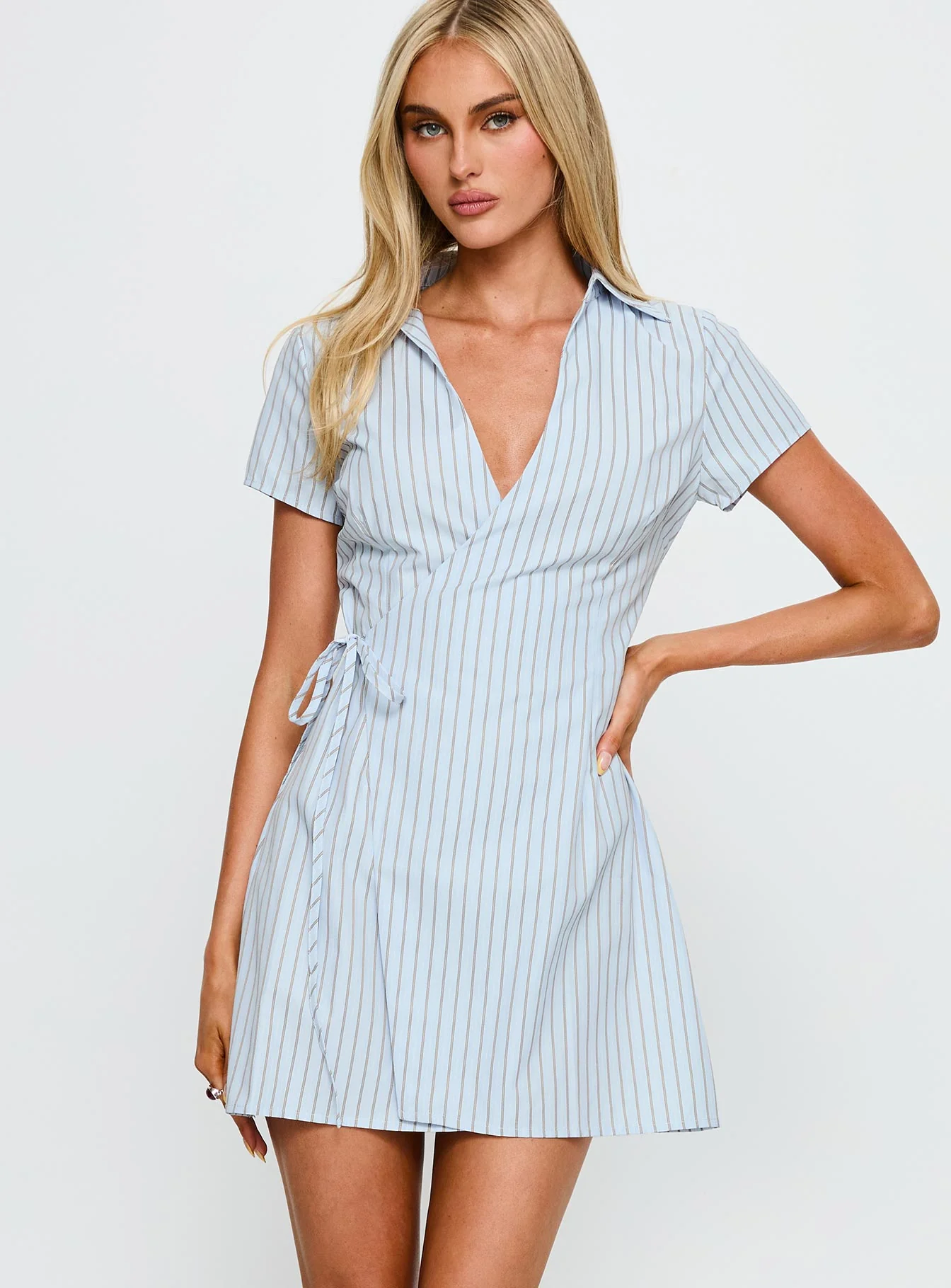 Amarita Wrap Collared Mini Dress Blue Stripe - Image 2