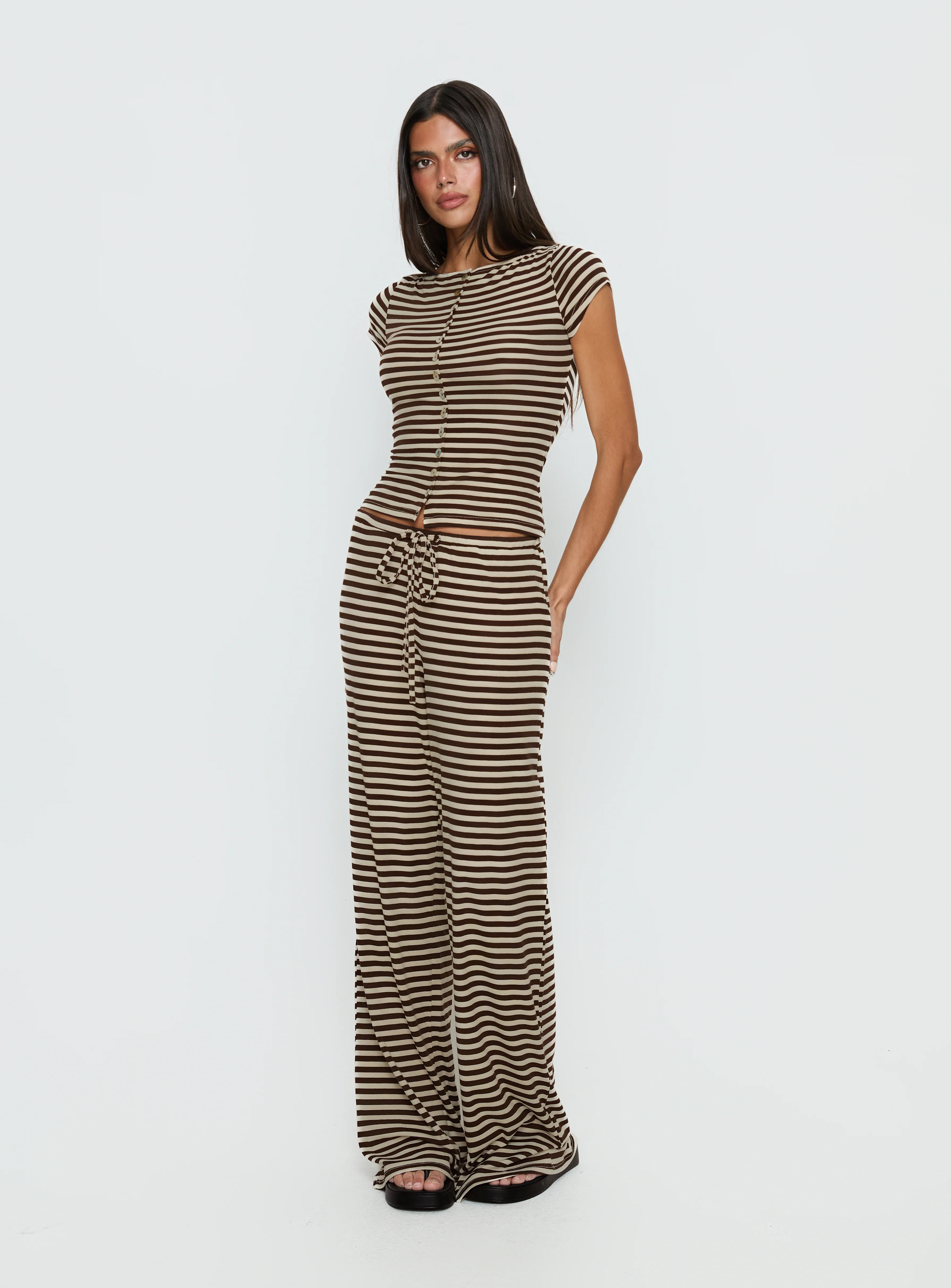 Angellina Jersey Button Down Top Chocolate / Cream Stripe - Image 3