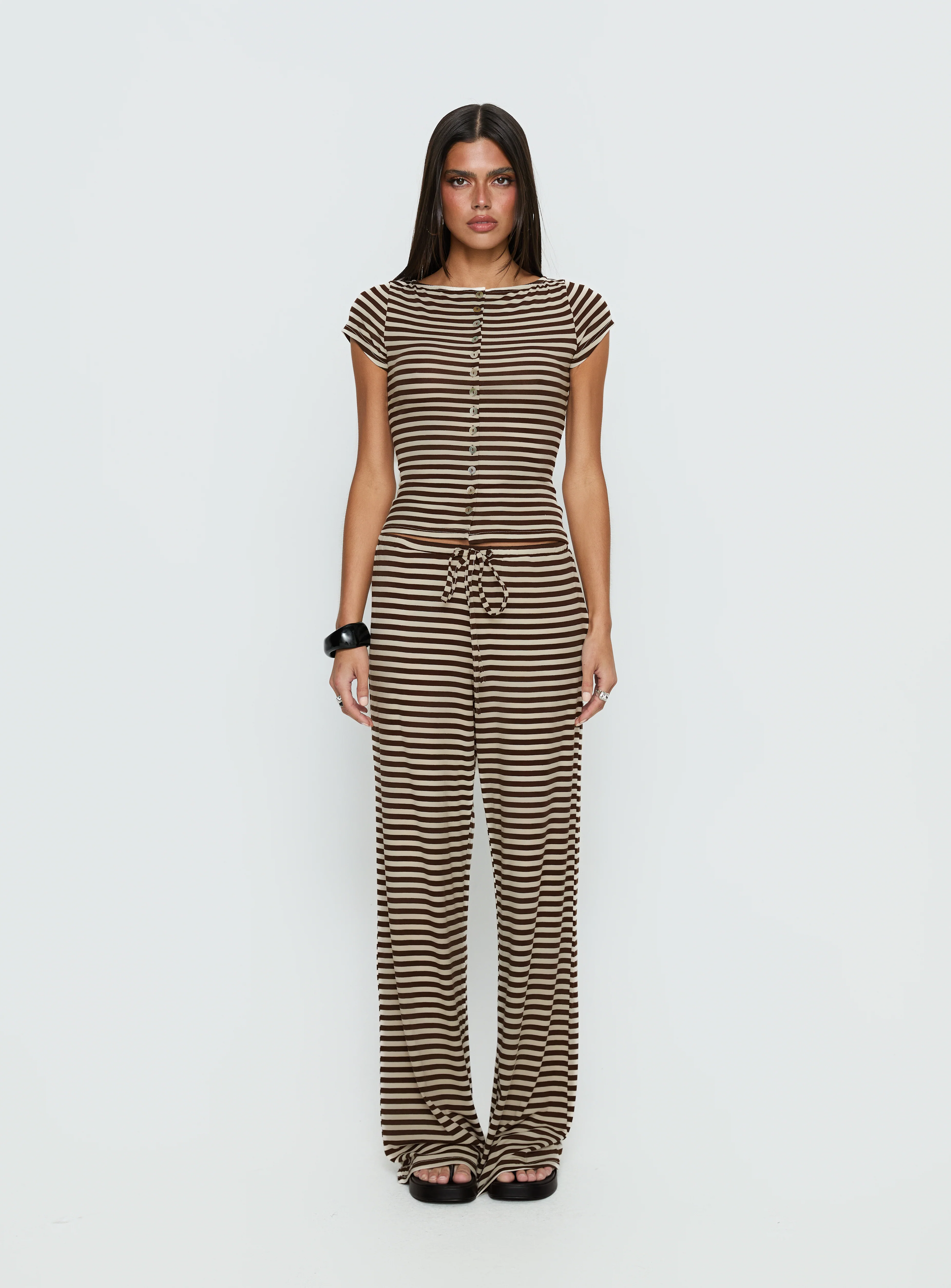 Angellina Jersey Button Down Top Chocolate / Cream Stripe - Image 7