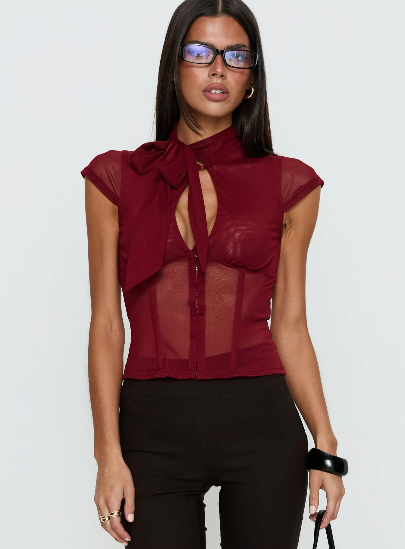 Anistasia Mesh Keyhole Corset Top Burgundy - Image 2