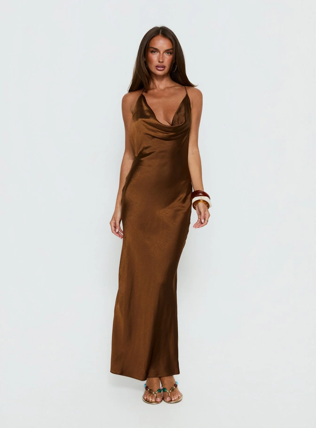 Anjelina Halter Plunge Maxi Dress Chocolate Brown - Image 2