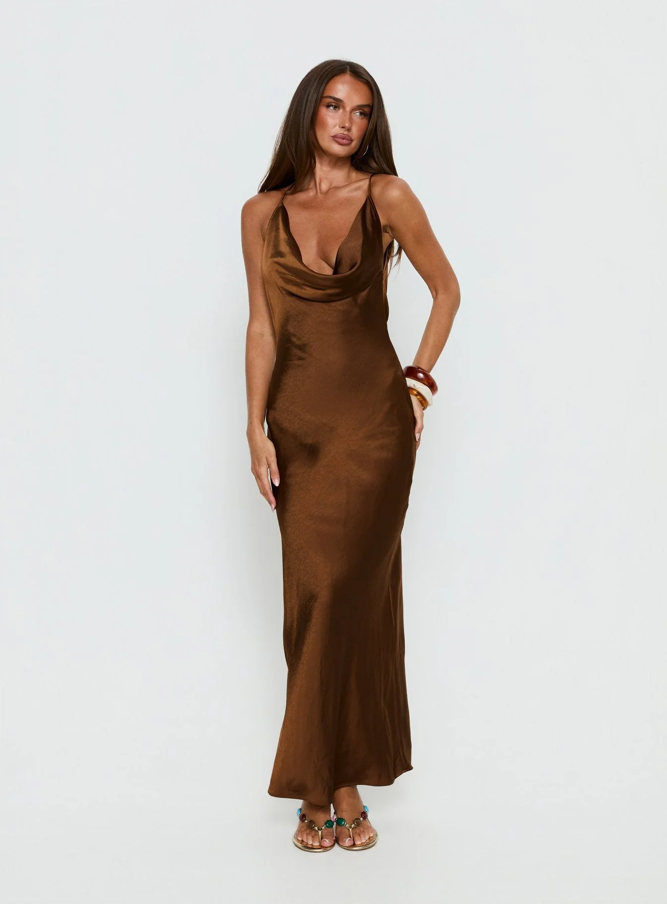 Anjelina Halter Plunge Maxi Dress Chocolate Brown - Image 3