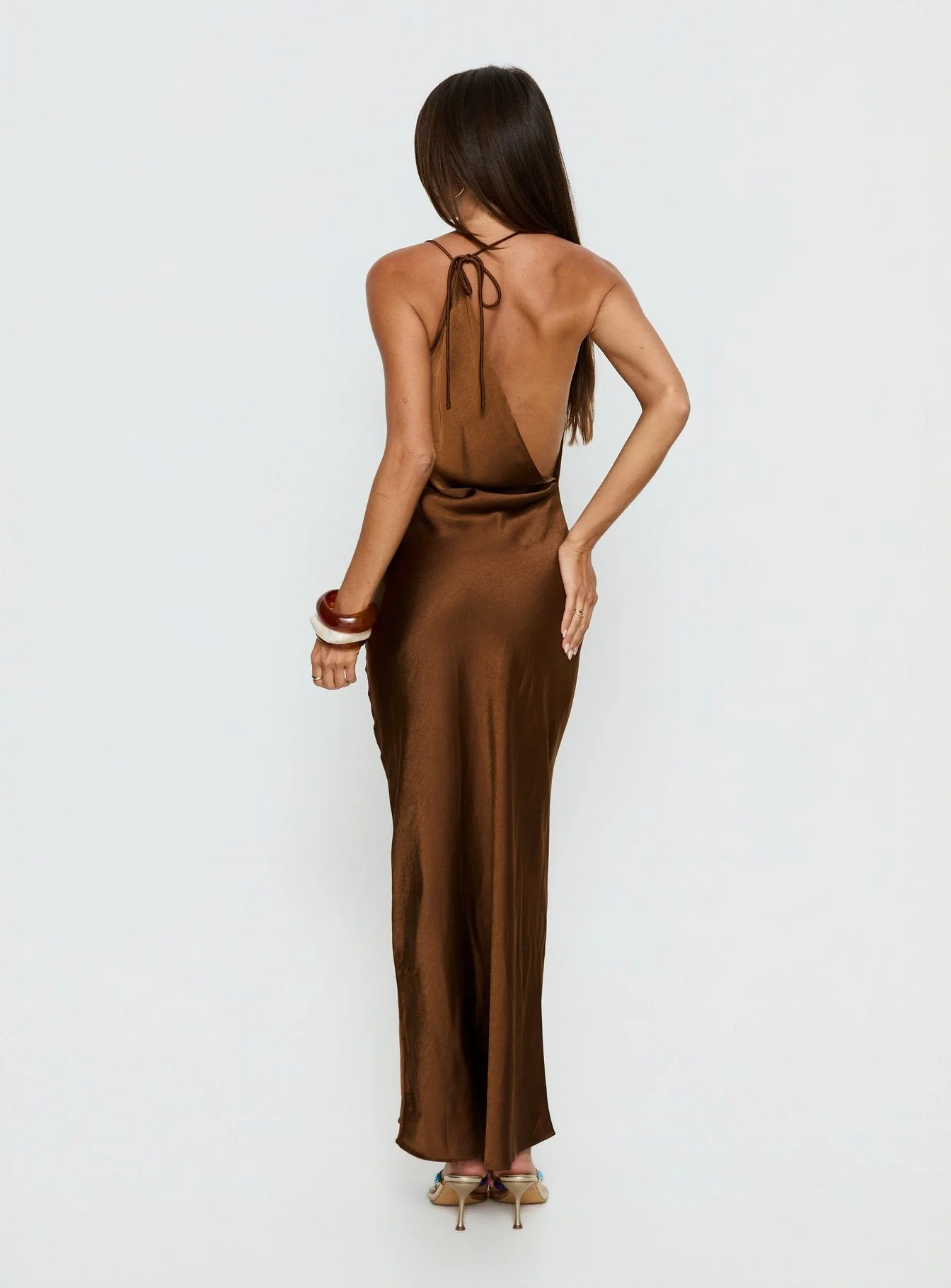 Anjelina Halter Plunge Maxi Dress Chocolate Brown - Image 5